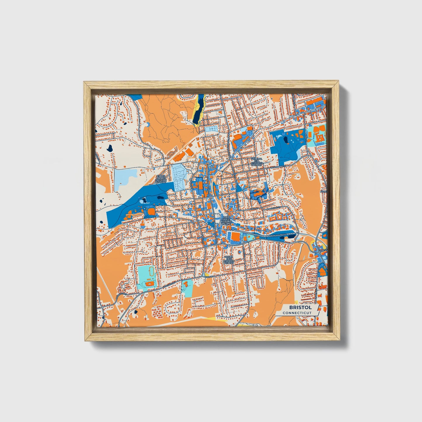 Bristol Connecticut Colorful City Map Canvas Print • Natural Wooden Framed