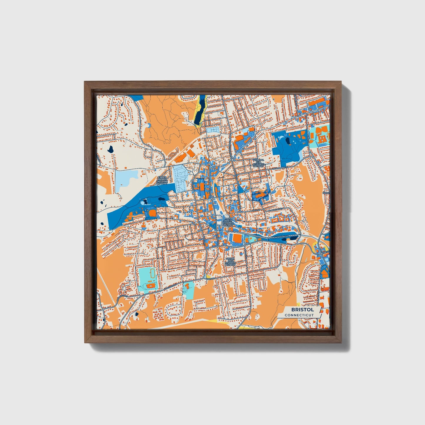 Bristol Connecticut Colorful City Map Canvas Print • Dark Wooden Framed