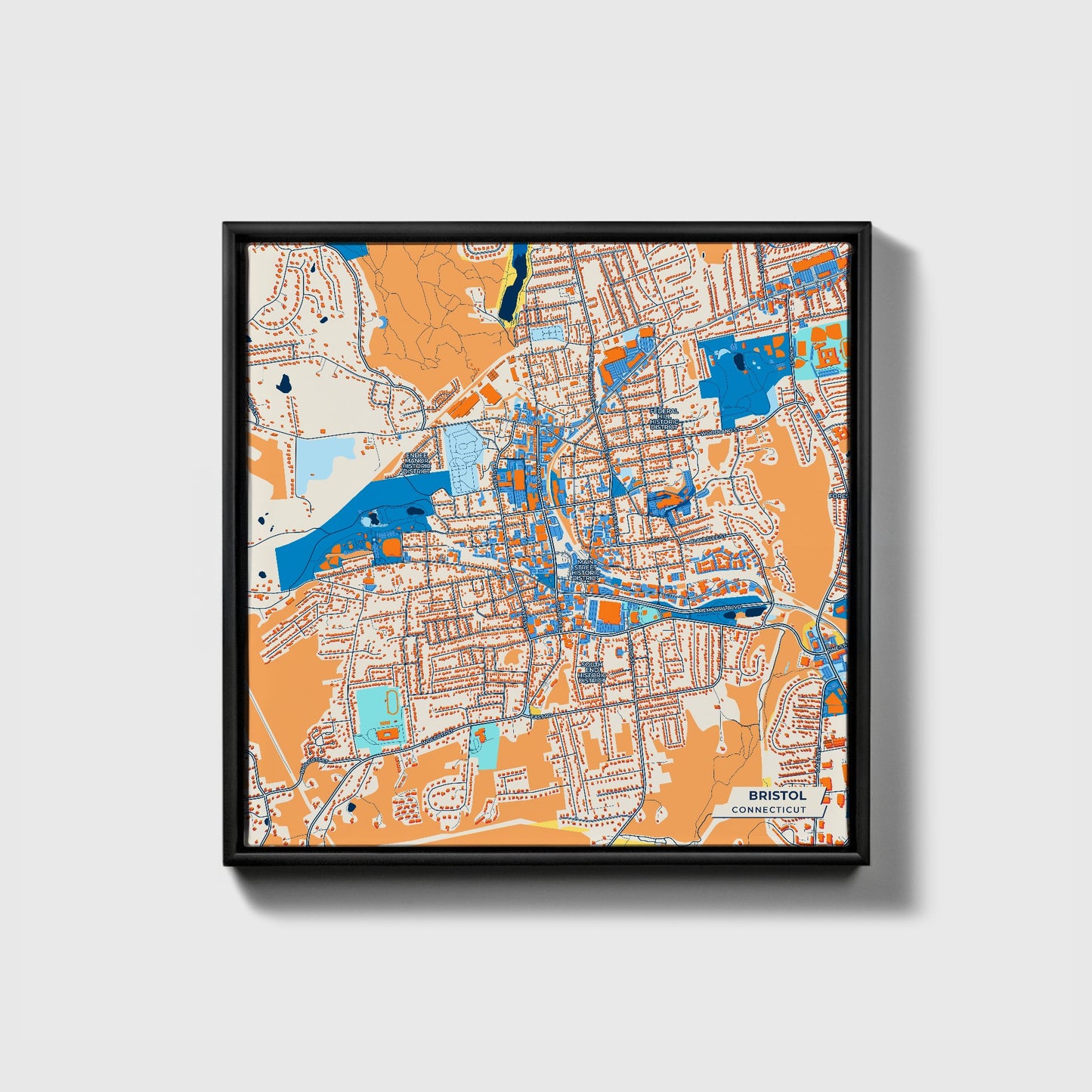 Bristol Connecticut Colorful City Map Canvas Print • Black Framed