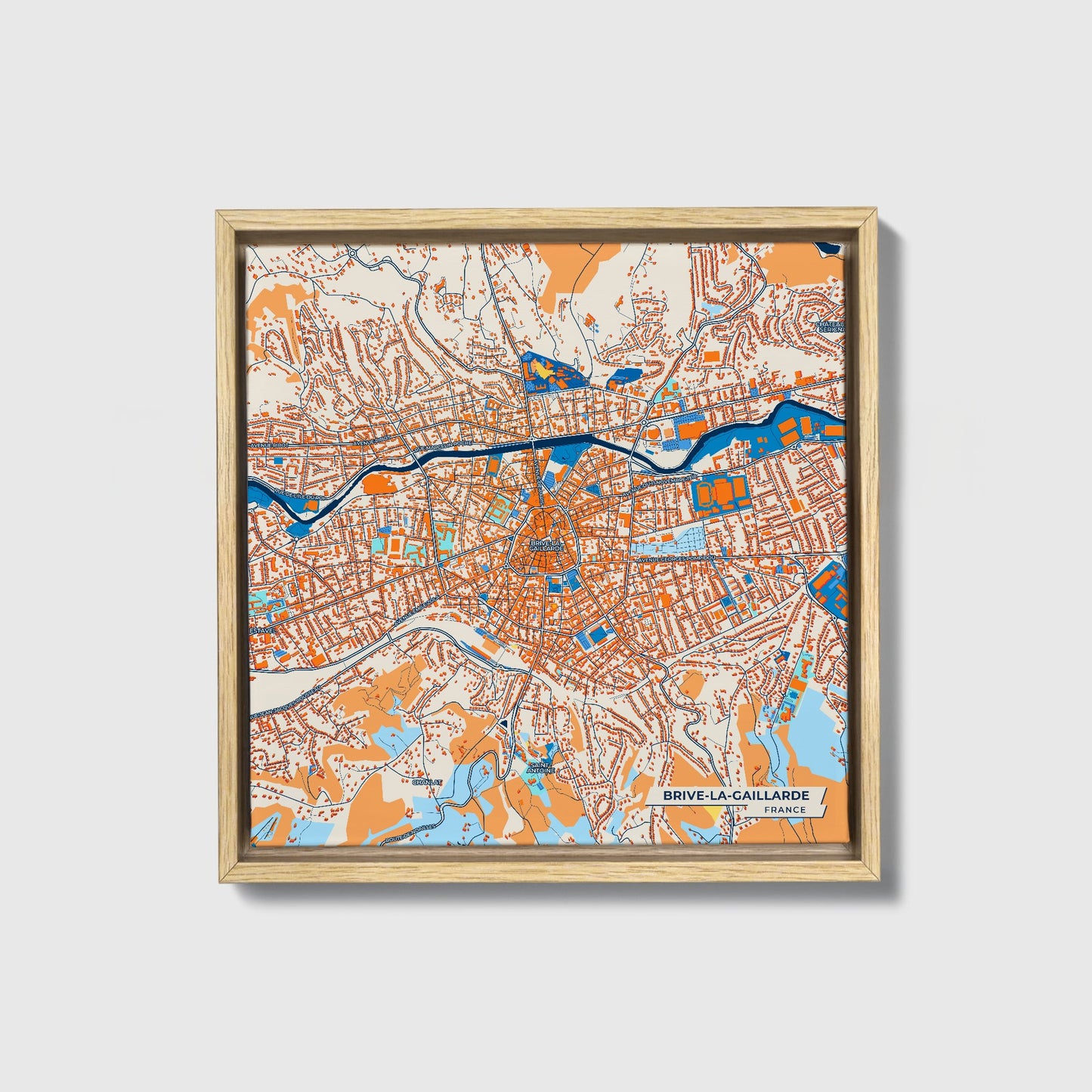 Brive-La-Gaillarde France Colorful City Map Canvas Print • Natural Wooden Framed