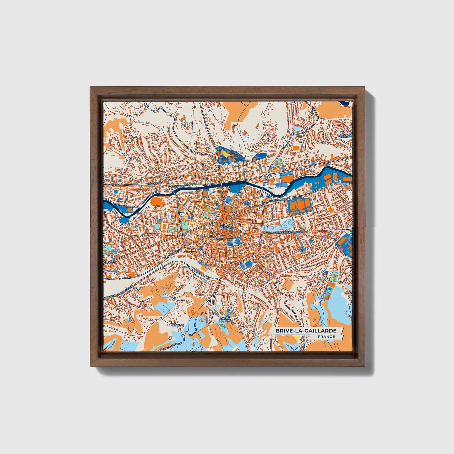 Brive-La-Gaillarde France Colorful City Map Canvas Print • Dark Wooden Framed
