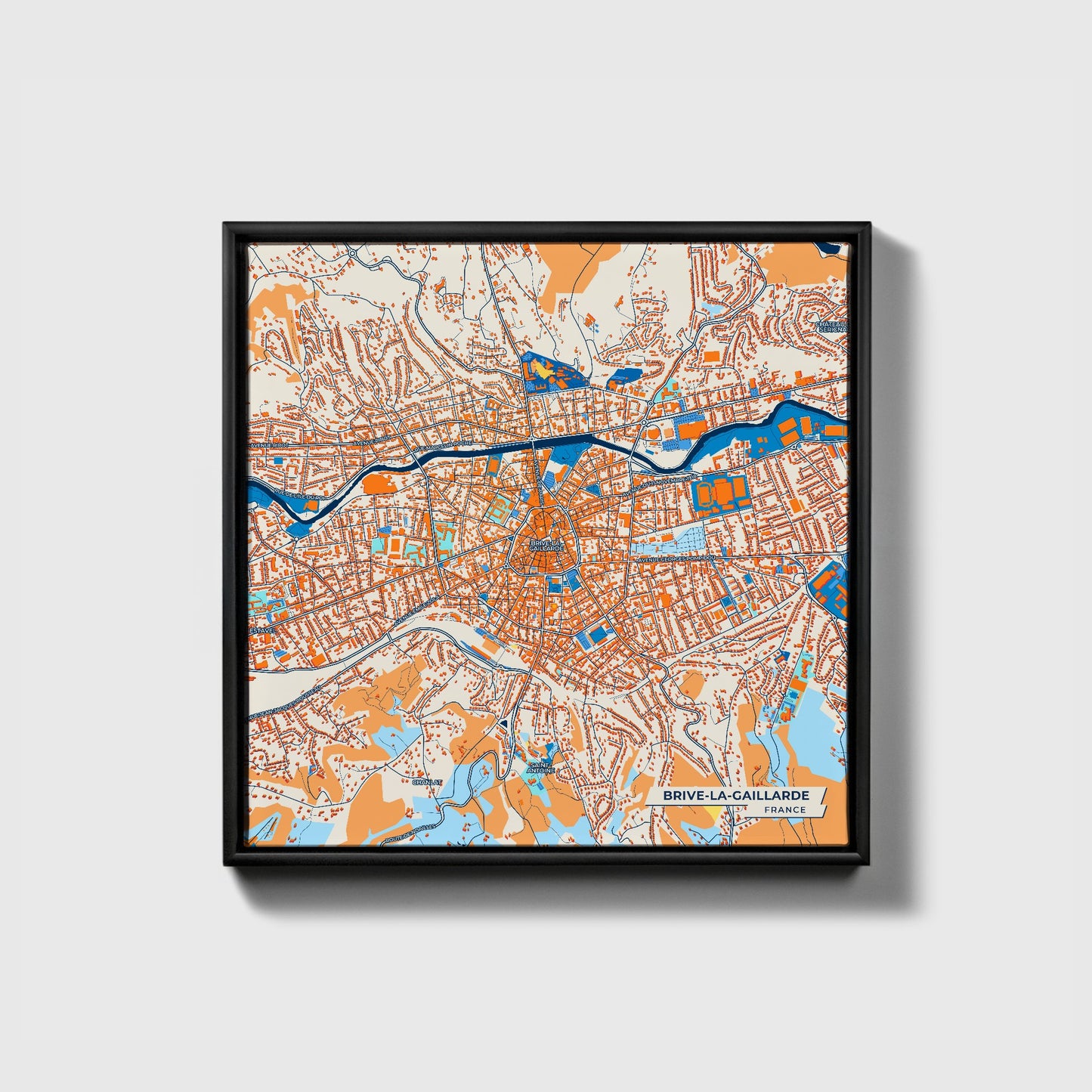 Brive-La-Gaillarde France Colorful City Map Canvas Print • Black Framed