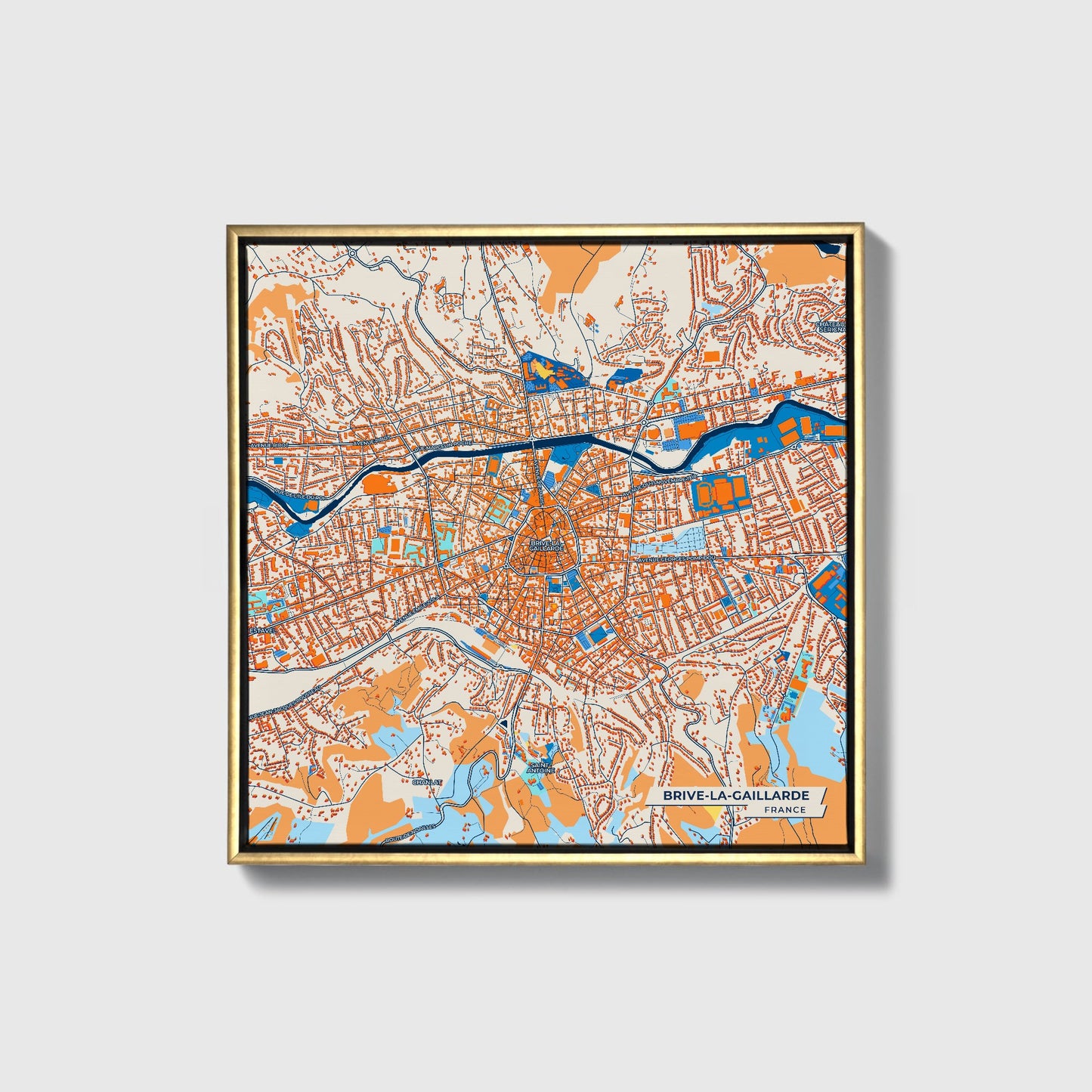 Brive-La-Gaillarde France Colorful City Map Canvas Print • Gold Framed