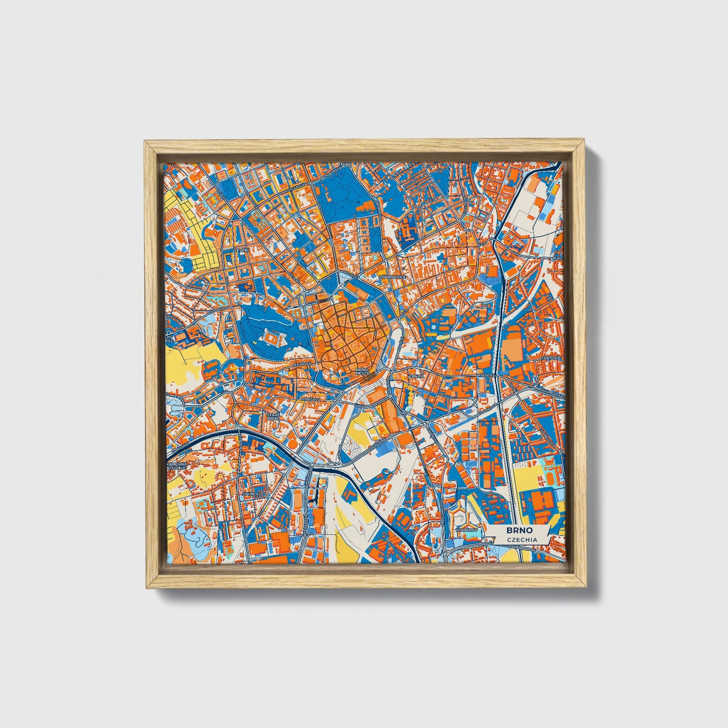 Brno Czechia Colorful City Map Canvas Print • Natural Wooden Framed