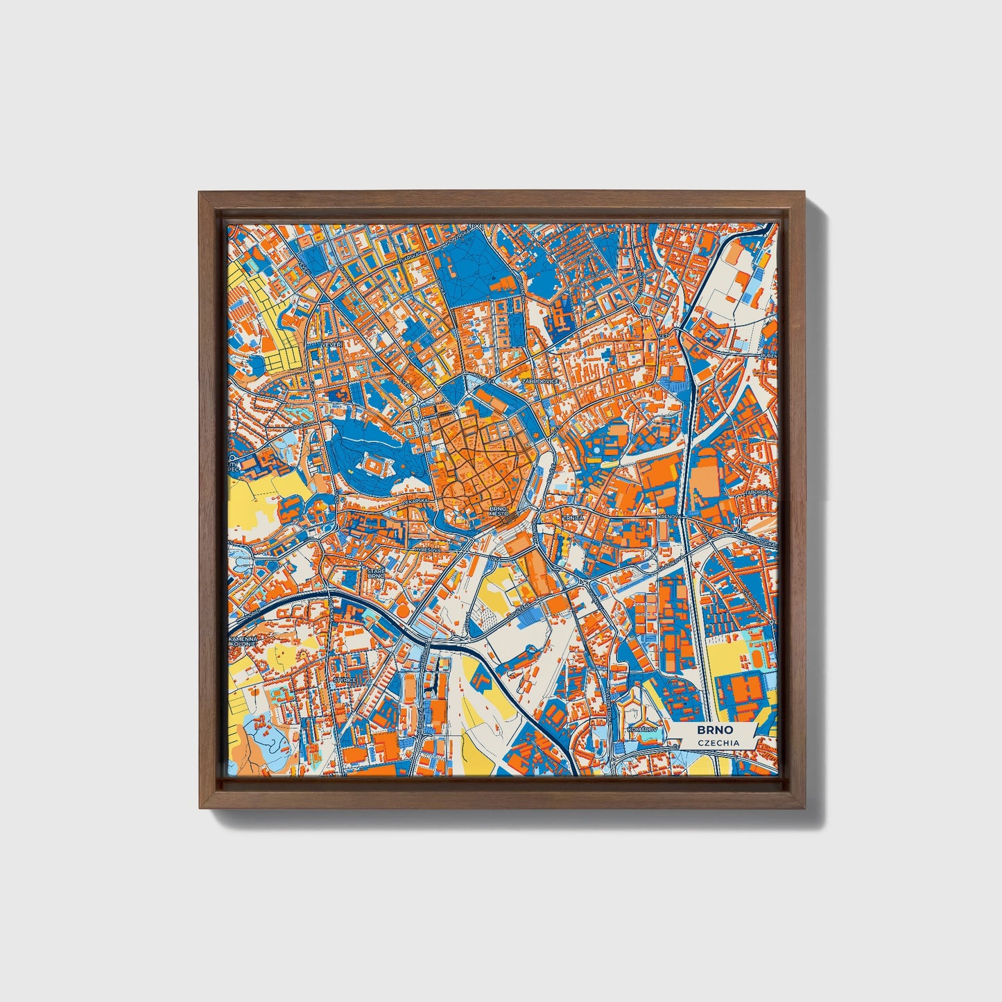 Brno Czechia Colorful City Map Canvas Print • Dark Wooden Framed