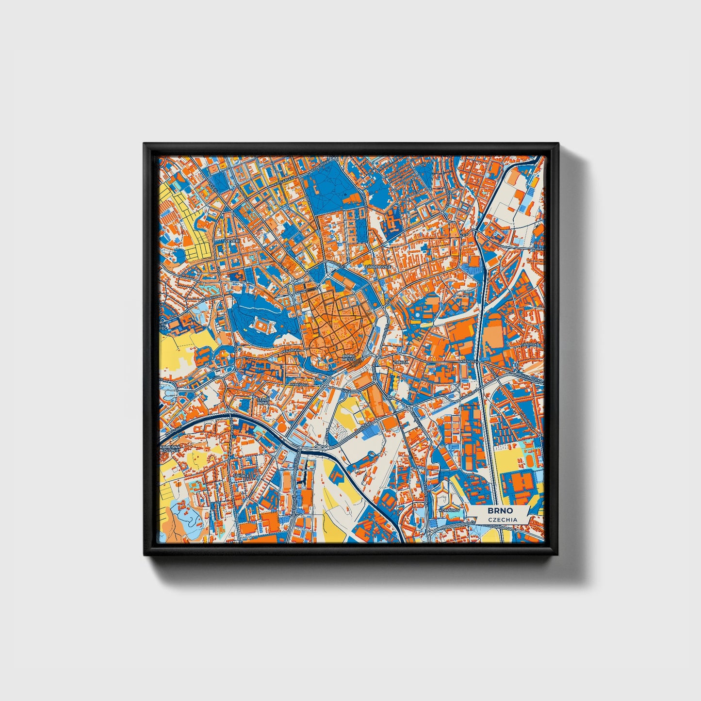 Brno Czechia Colorful City Map Canvas Print • Black Framed