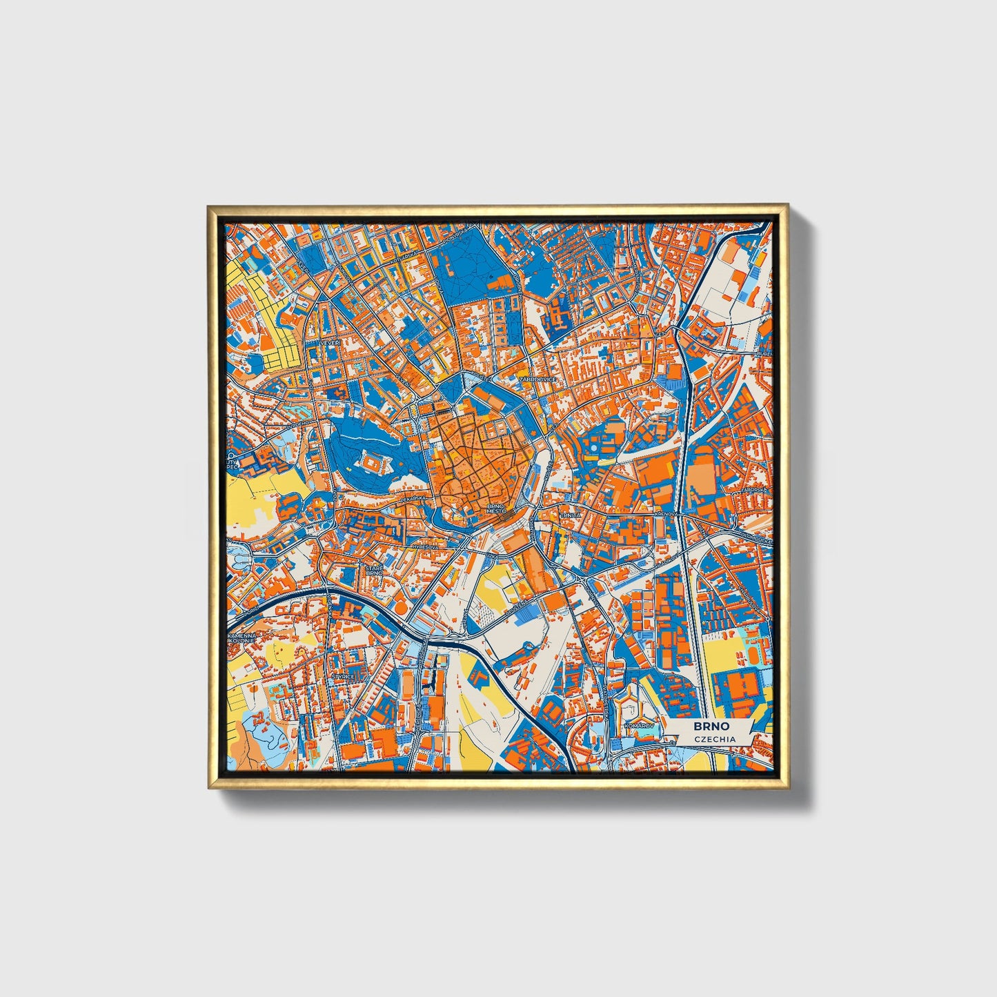 Brno Czechia Colorful City Map Canvas Print • Gold Framed