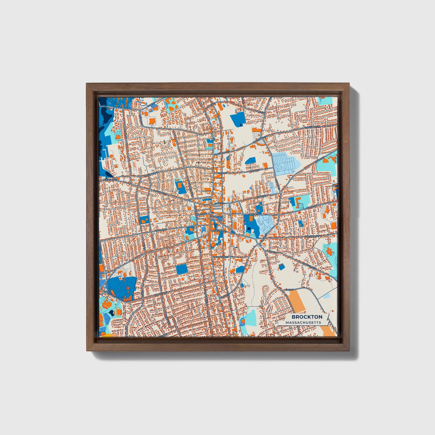 Brockton Massachusetts Colorful City Map Canvas Print • Dark Wooden Framed