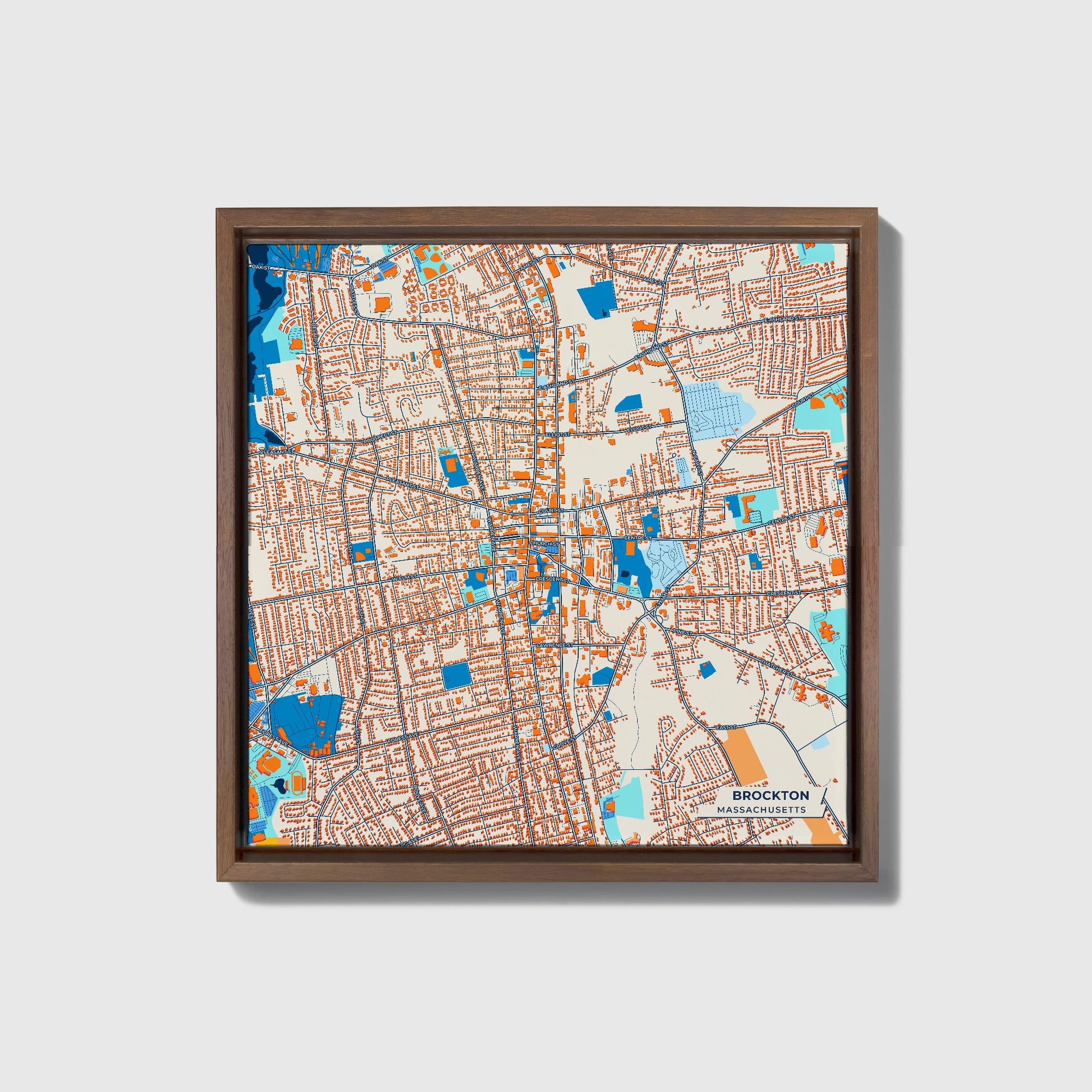 Brockton Massachusetts Colorful City Map Canvas Print • Dark Wooden Framed