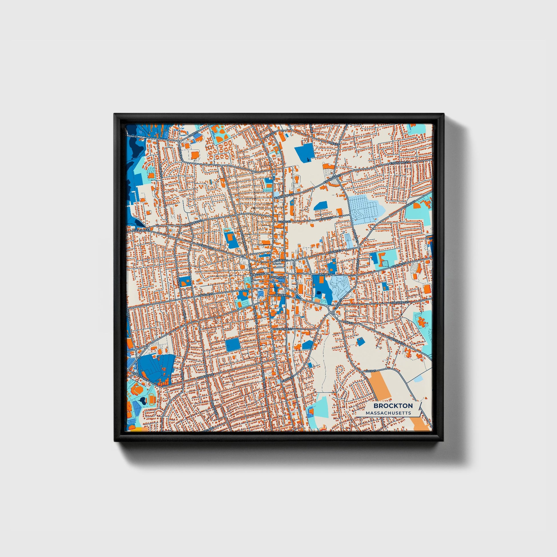 Brockton Massachusetts Colorful City Map Canvas Print • Black Framed
