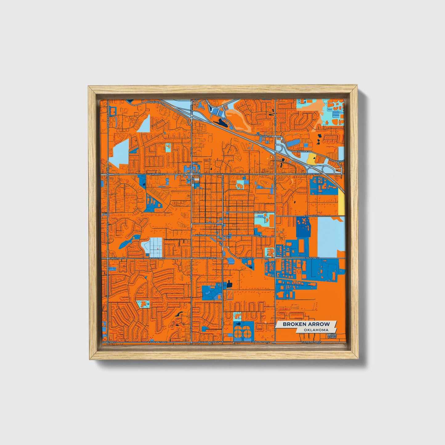 Broken Arrow Oklahoma Colorful City Map Canvas Print • Natural Wooden Framed