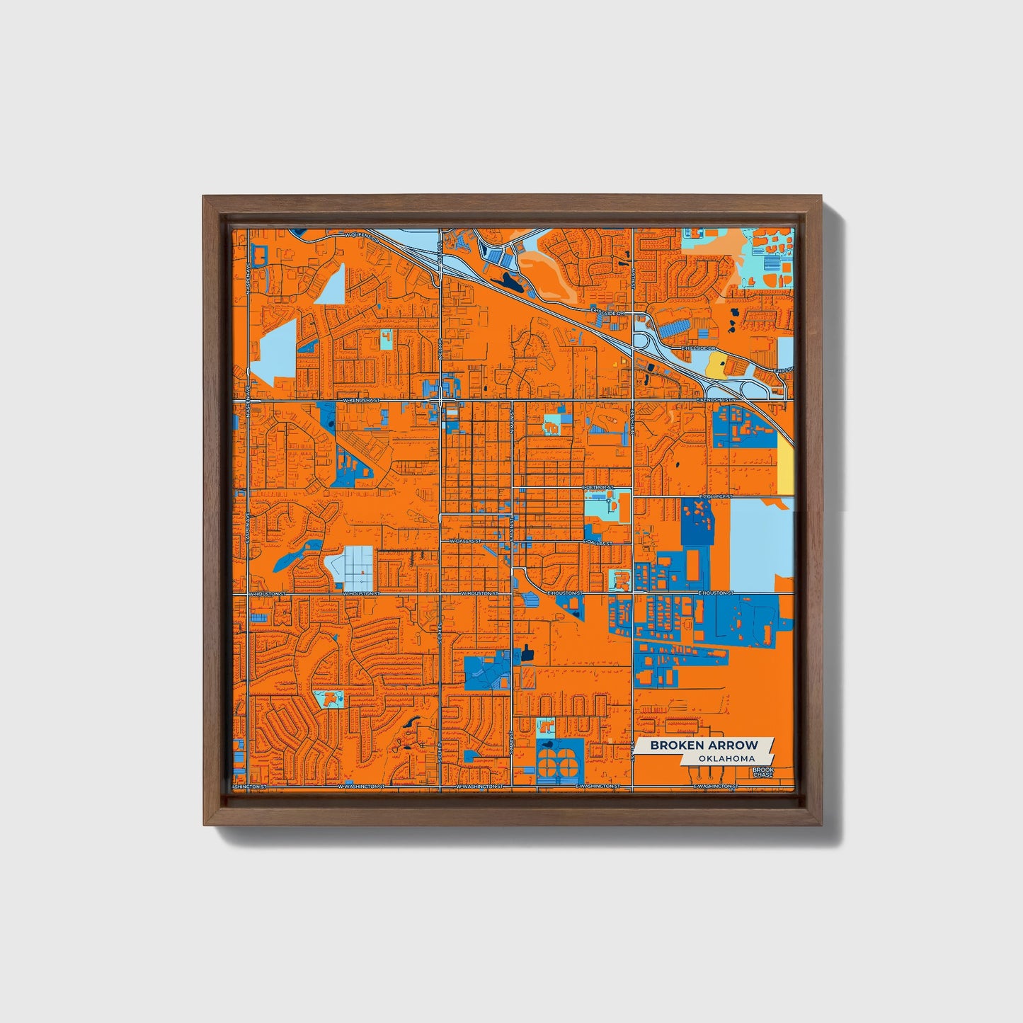 Broken Arrow Oklahoma Colorful City Map Canvas Print • Dark Wooden Framed