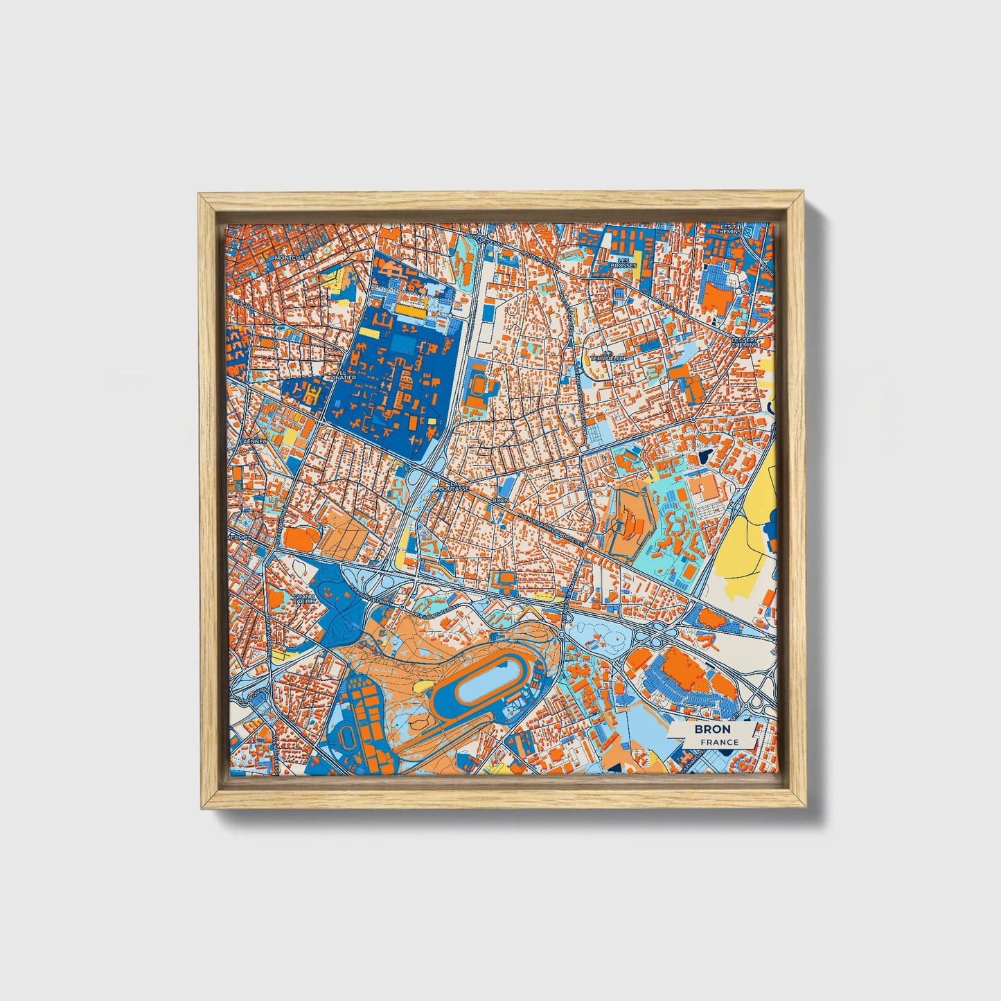 Bron France Colorful City Map Canvas Print • Natural Wooden Framed