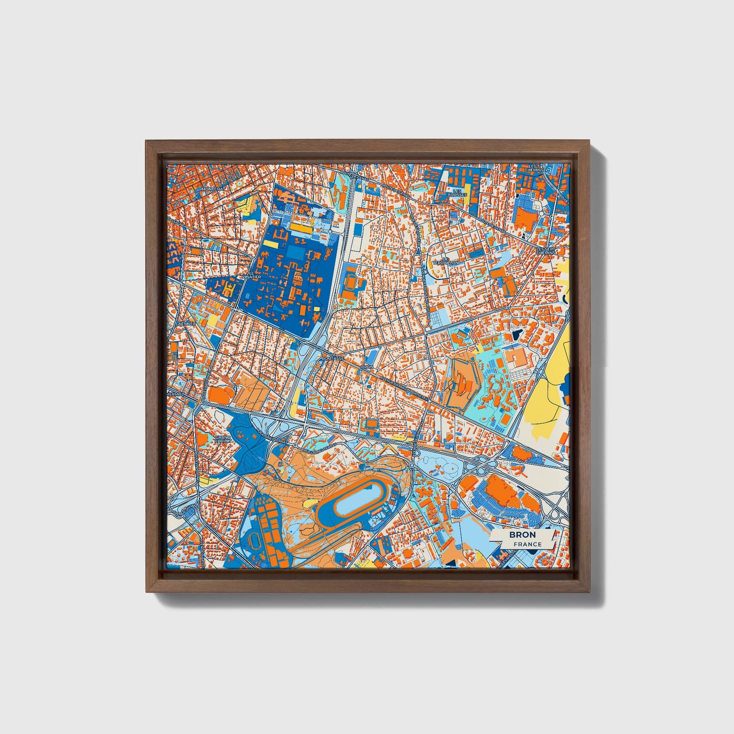 Bron France Colorful City Map Canvas Print • Dark Wooden Framed
