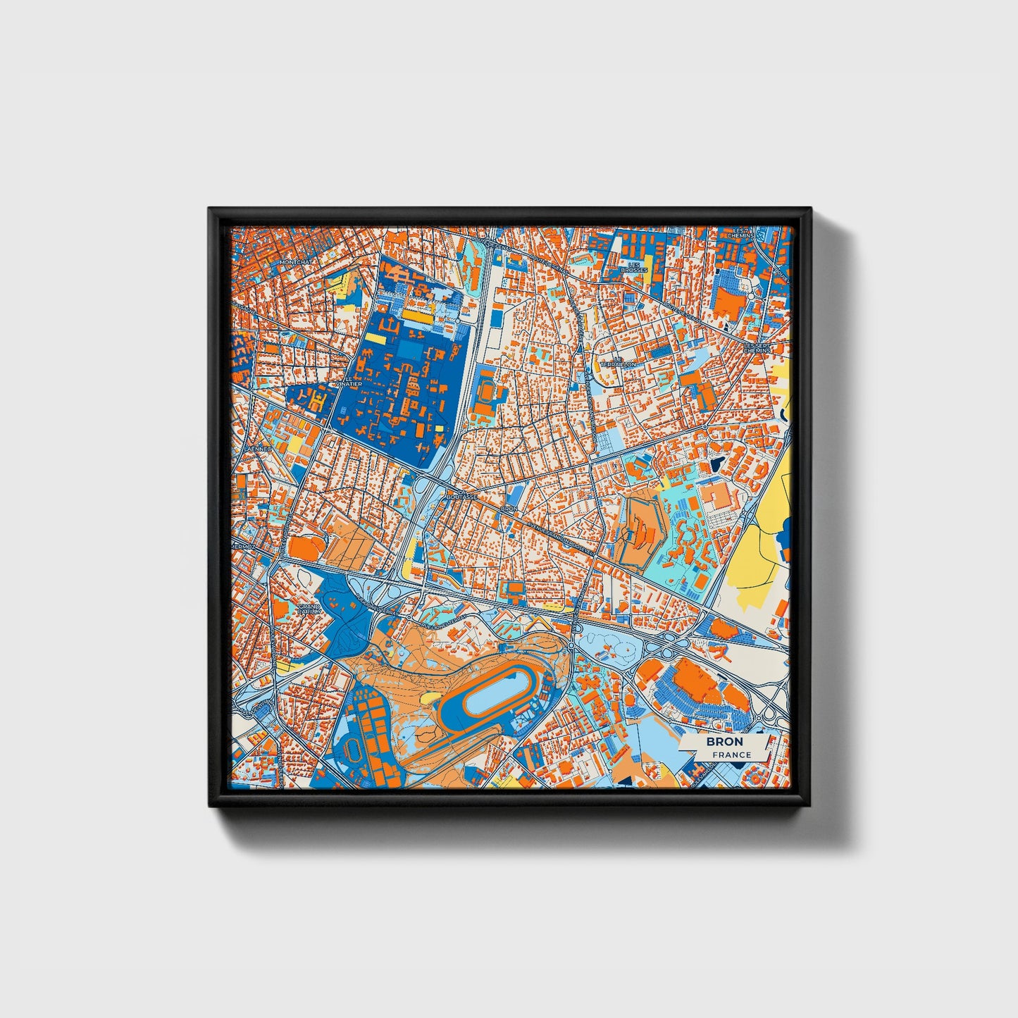 Bron France Colorful City Map Canvas Print • Black Framed