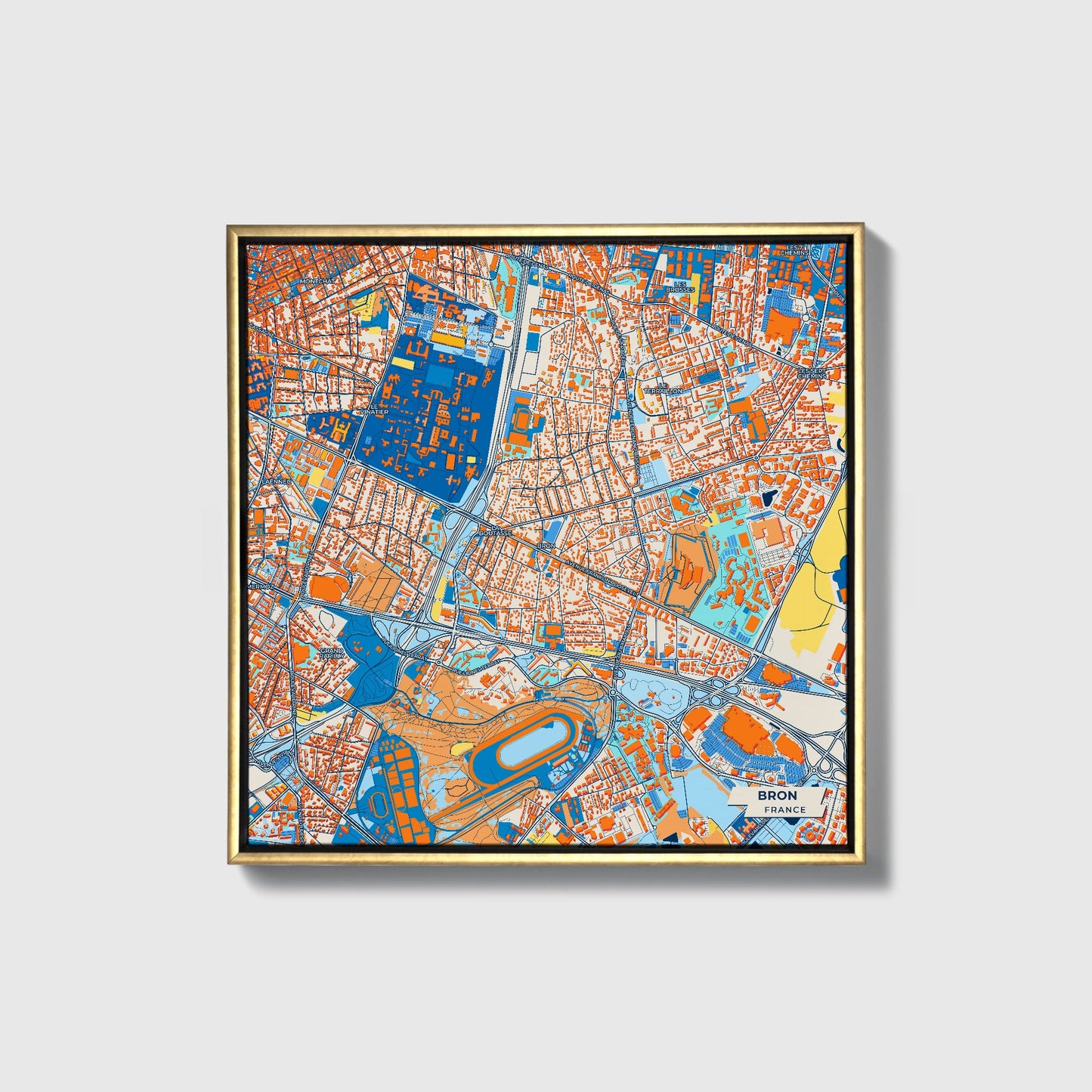 Bron France Colorful City Map Canvas Print • Gold Framed