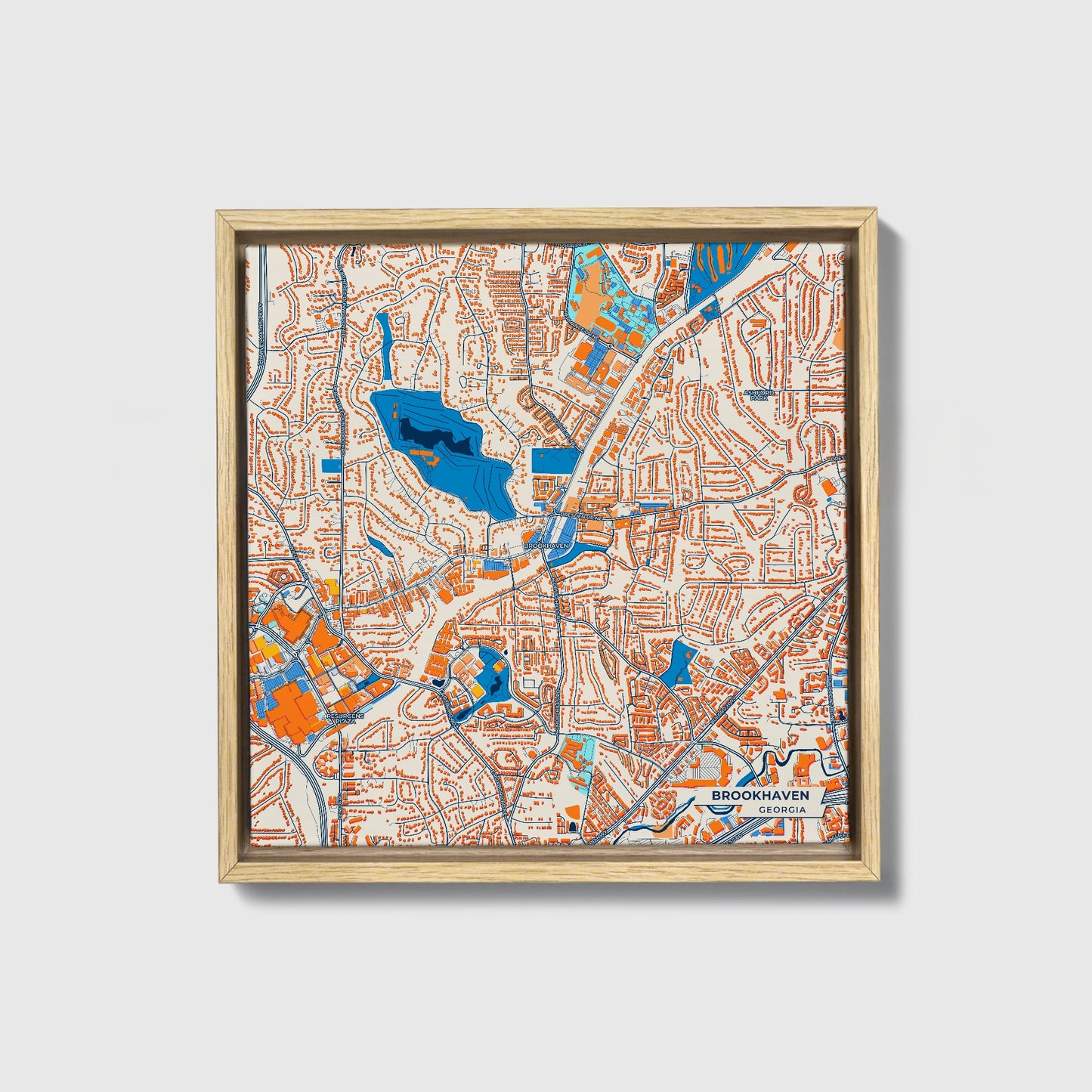 Brookhaven Georgia Colorful City Map Canvas Print • Natural Wooden Framed