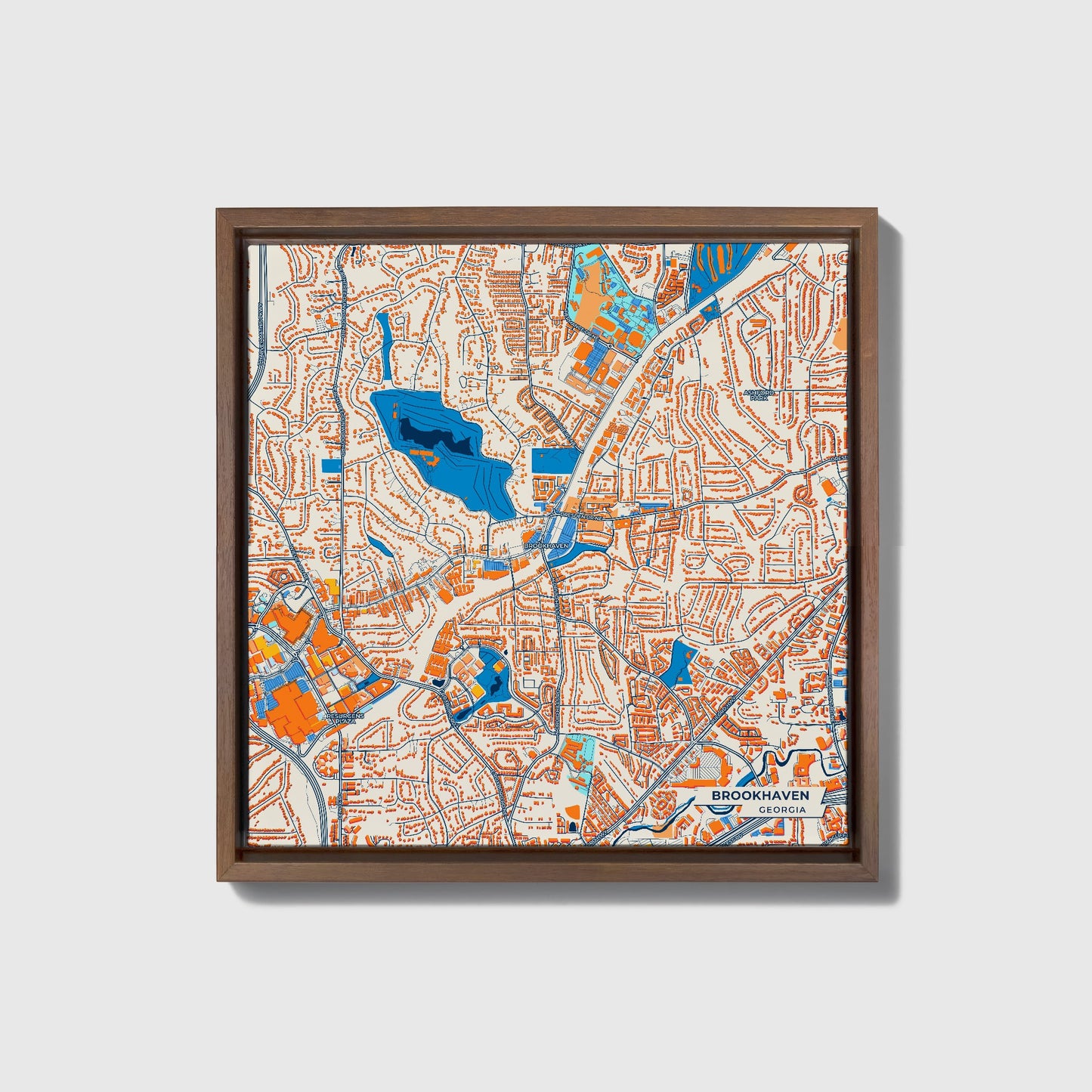 Brookhaven Georgia Colorful City Map Canvas Print • Dark Wooden Framed