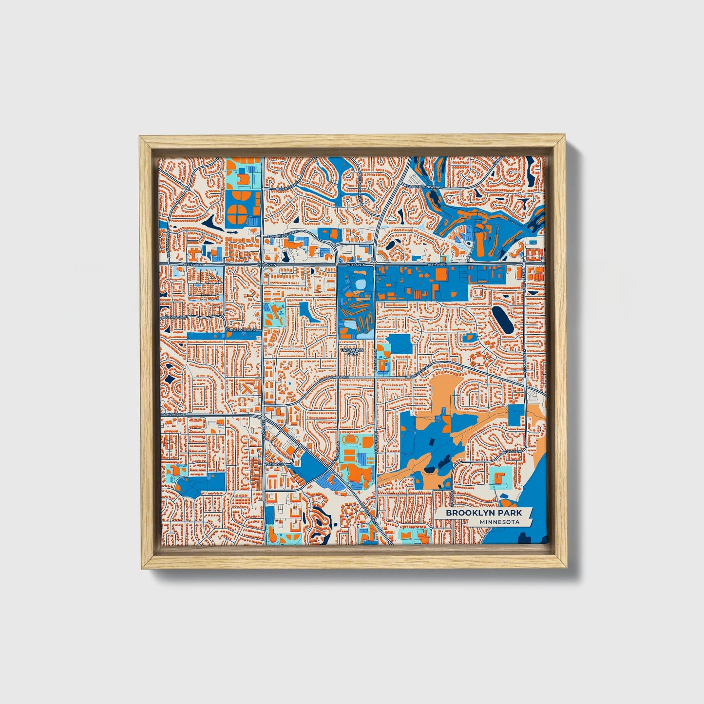 Brooklyn Park Minnesota Colorful City Map Canvas Print • Natural Wooden Framed