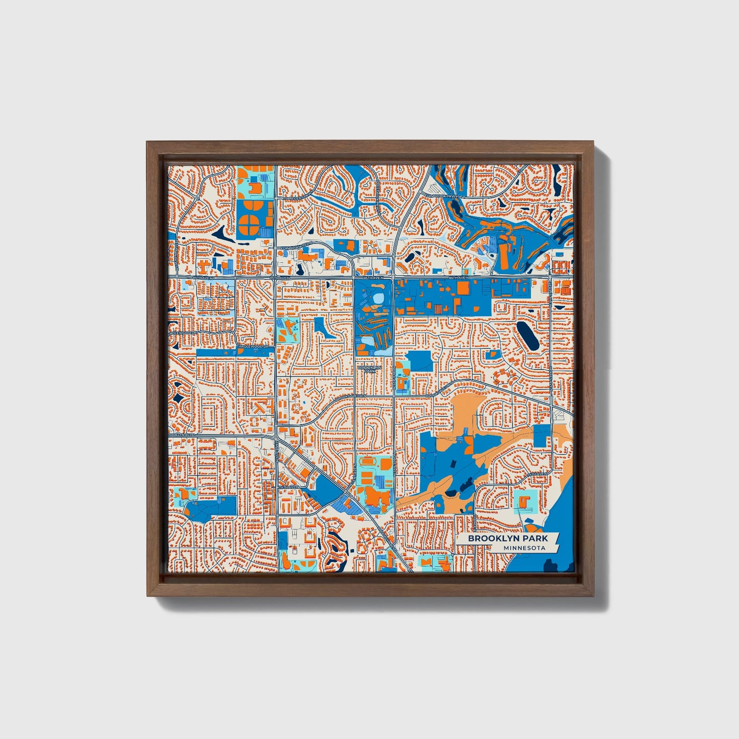 Brooklyn Park Minnesota Colorful City Map Canvas Print • Dark Wooden Framed