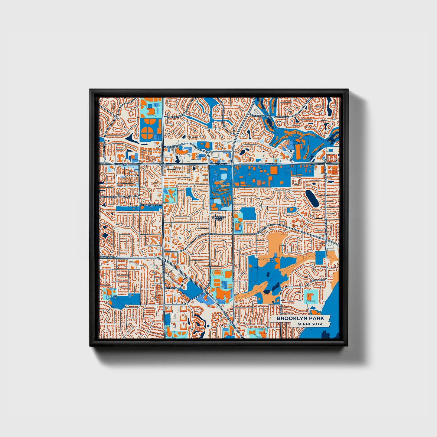 Brooklyn Park Minnesota Colorful City Map Canvas Print • Black Framed