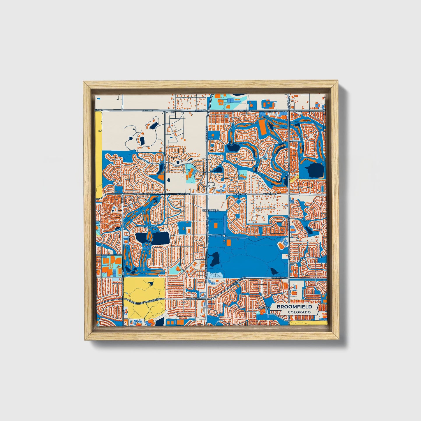 Broomfield Colorado Colorful City Map Canvas Print • Natural Wooden Framed