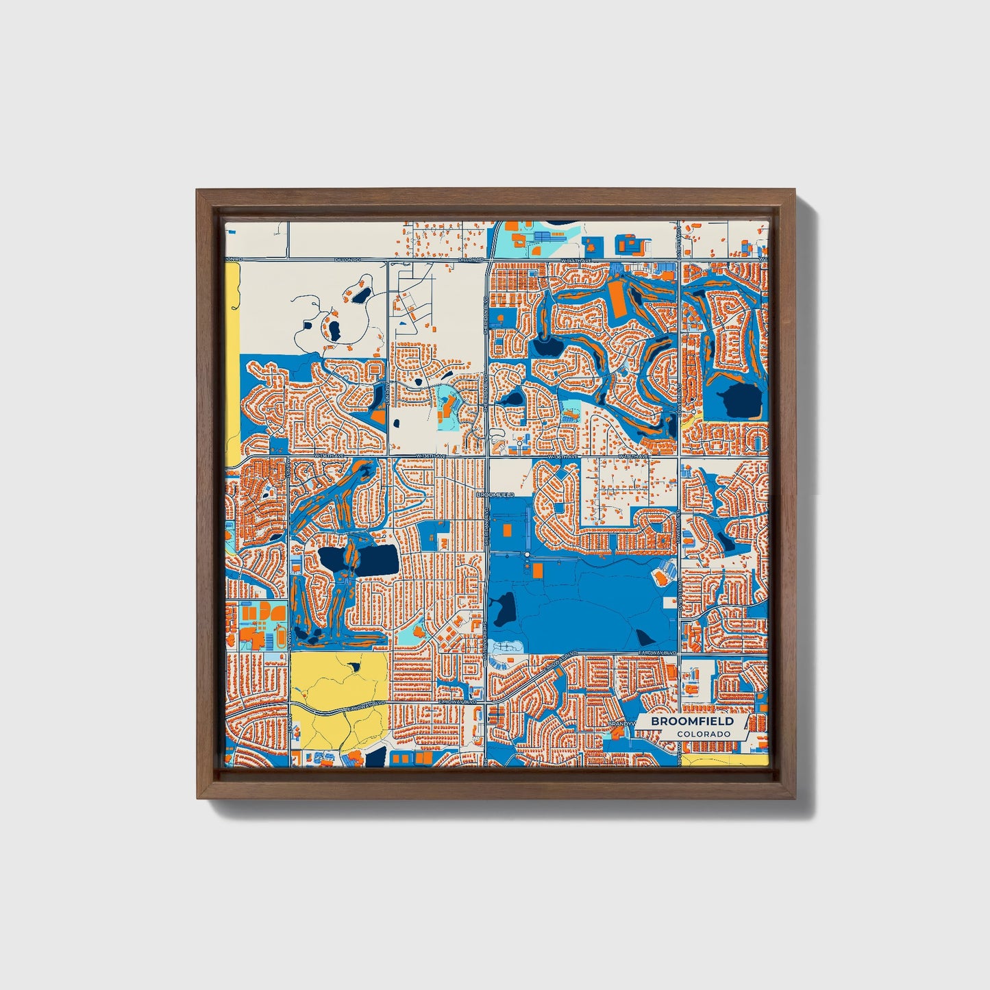 Broomfield Colorado Colorful City Map Canvas Print • Dark Wooden Framed