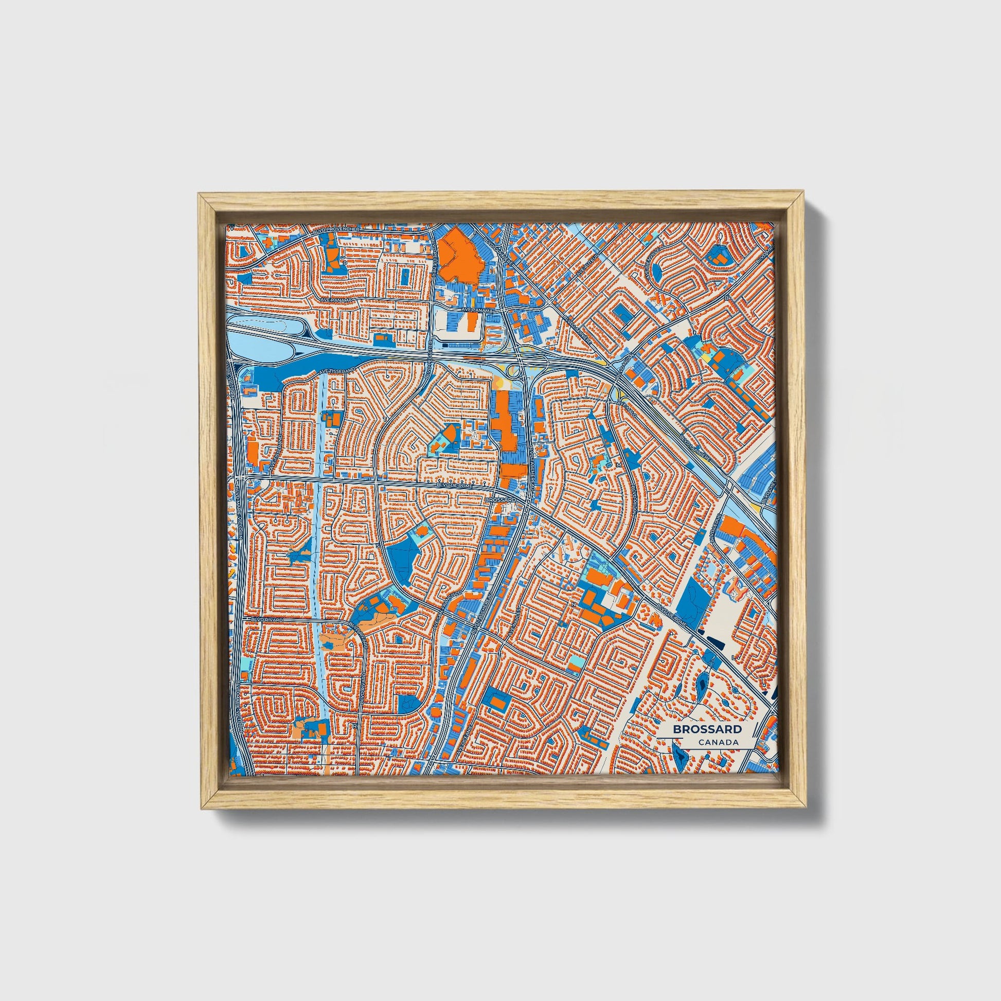 Brossard Canada Colorful City Map Canvas Print • Natural Wooden Framed