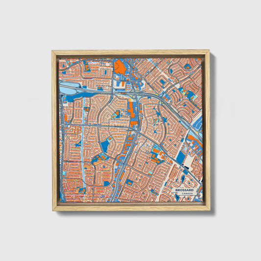 Brossard Canada Colorful City Map Canvas Print • Natural Wooden Framed