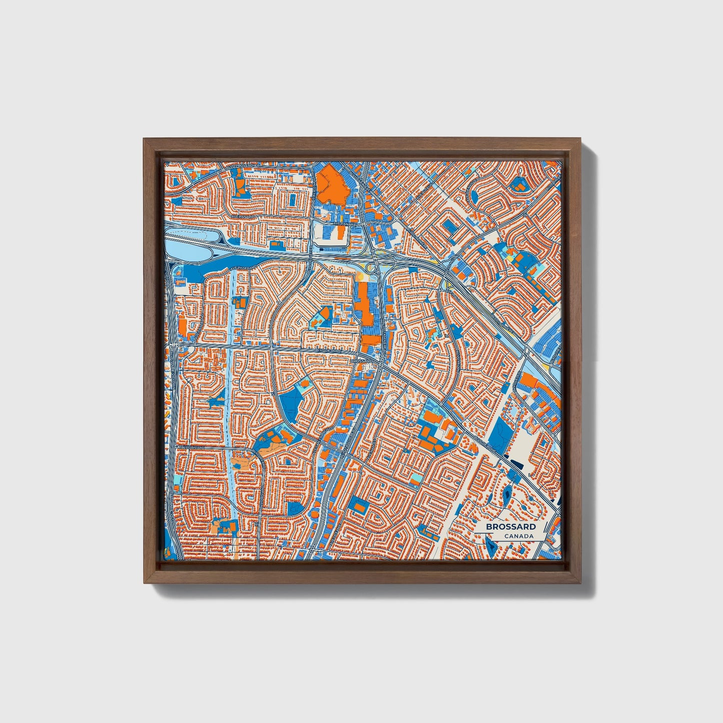 Brossard Canada Colorful City Map Canvas Print • Dark Wooden Framed