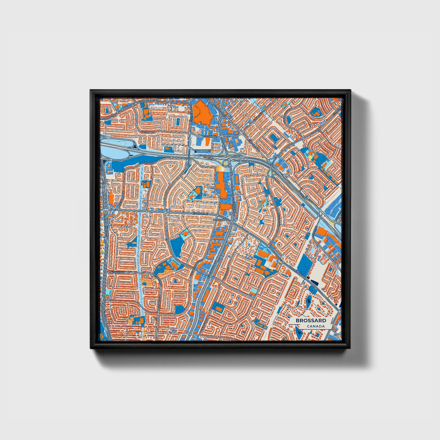 Brossard Canada Colorful City Map Canvas Print • Black Framed