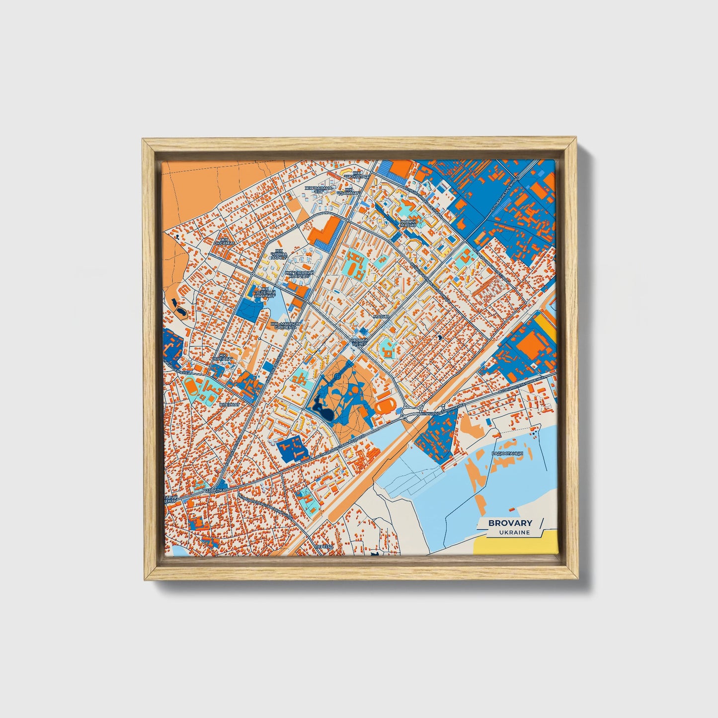 Броварний Ukraine Colorful City Map Canvas Print • Natural Wooden Framed