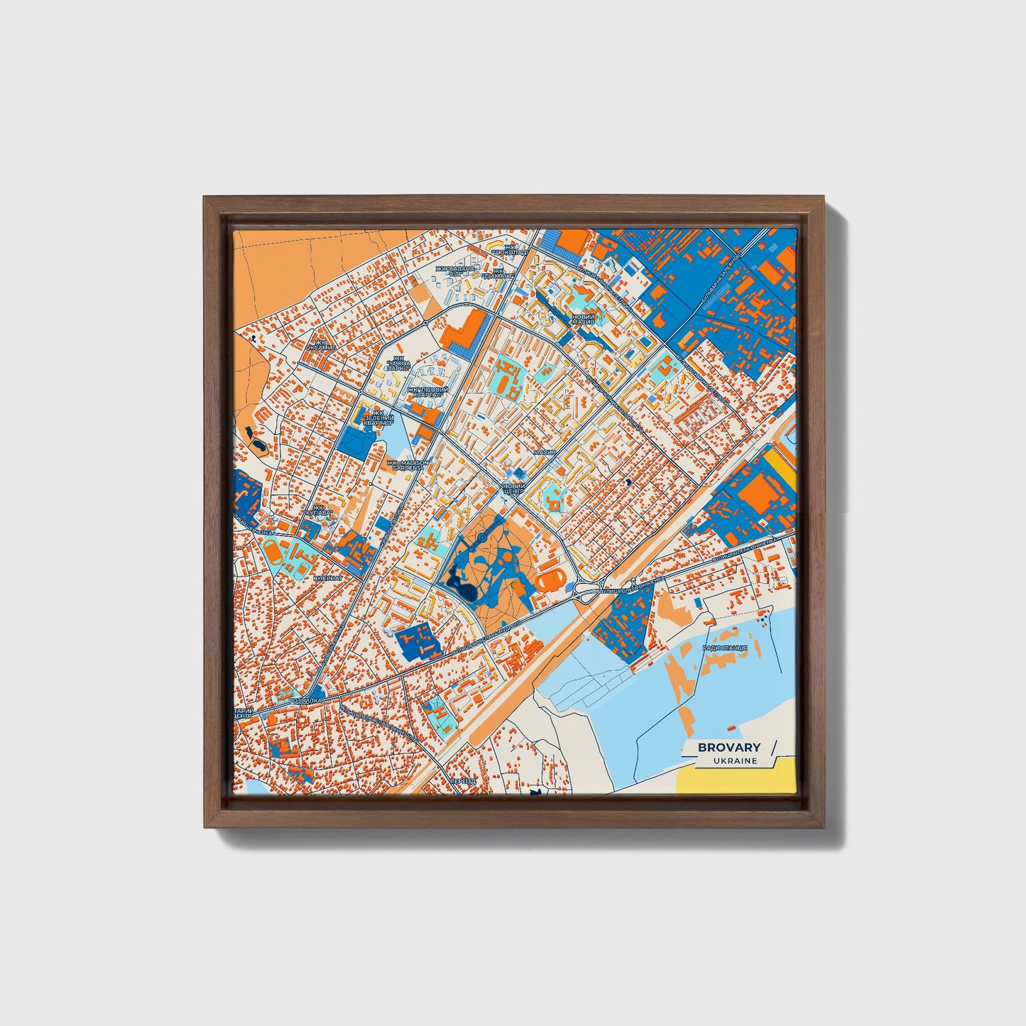 Броварний Ukraine Colorful City Map Canvas Print • Dark Wooden Framed