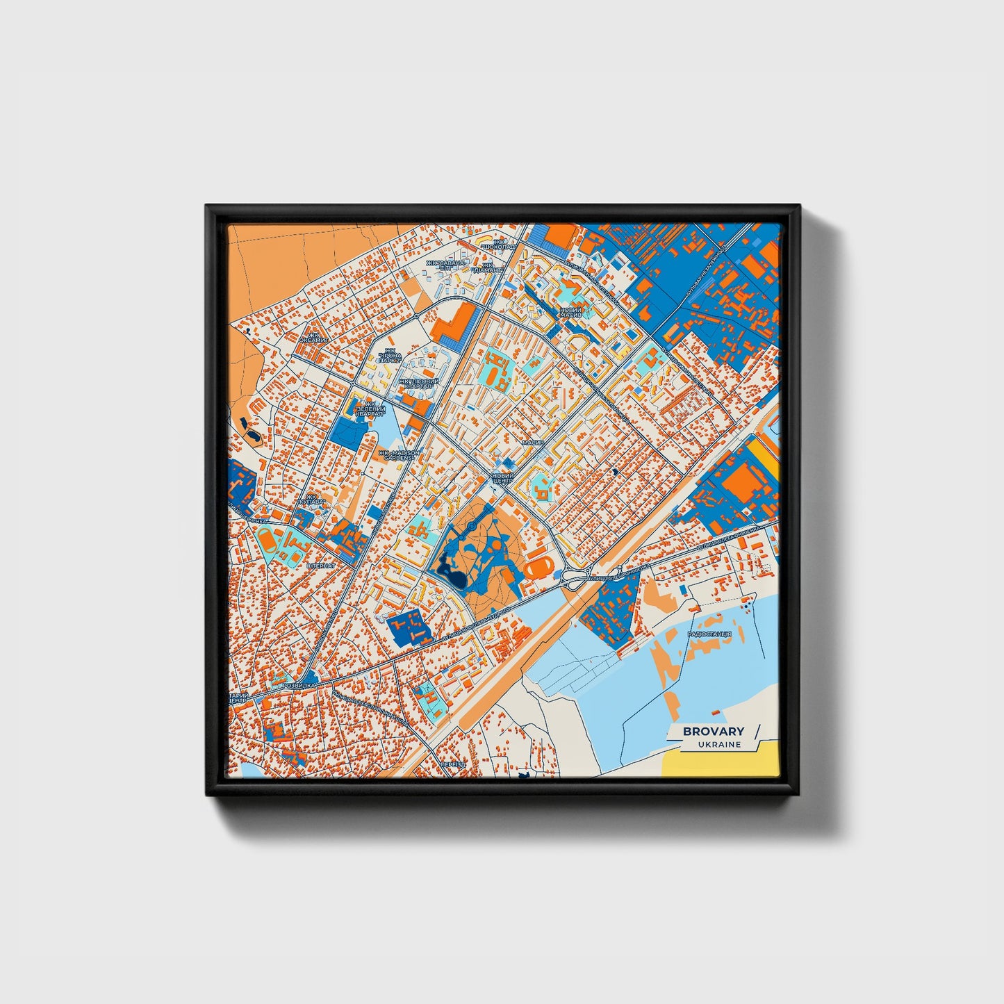 Броварний Ukraine Colorful City Map Canvas Print • Black Framed