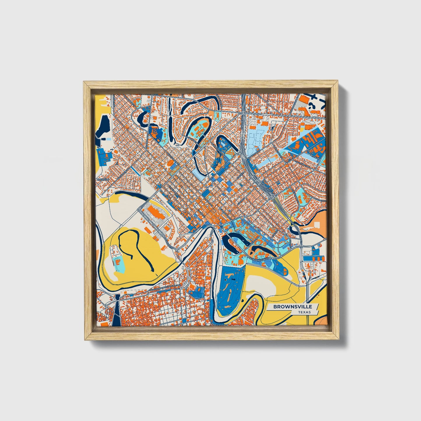 Brownsville Texas Colorful City Map Canvas Print • Natural Wooden Framed