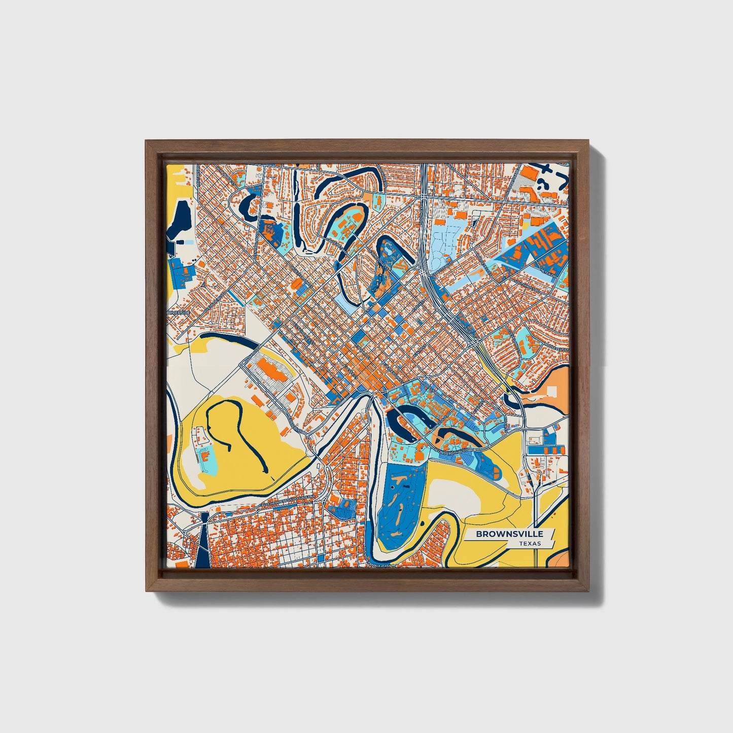 Brownsville Texas Colorful City Map Canvas Print • Dark Wooden Framed