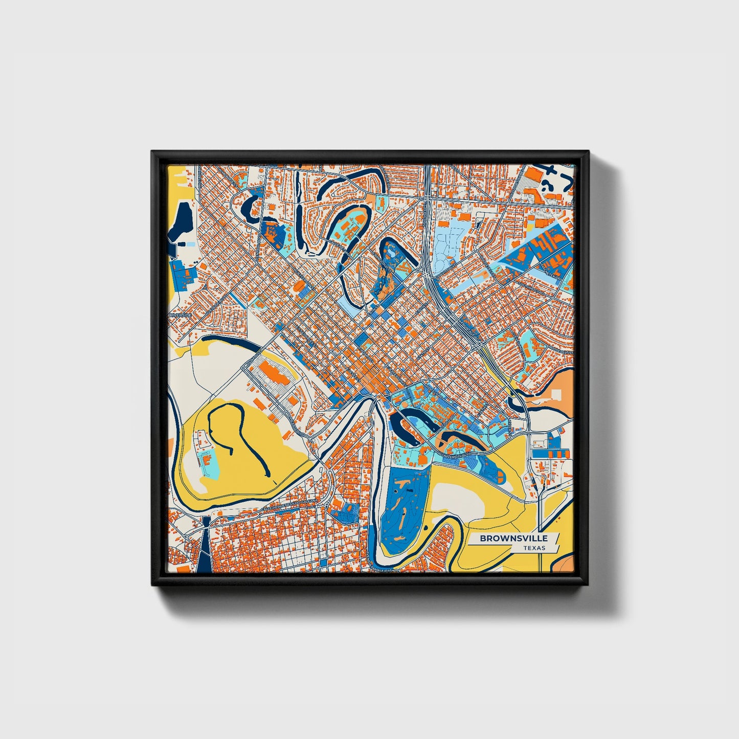 Brownsville Texas Colorful City Map Canvas Print • Black Framed