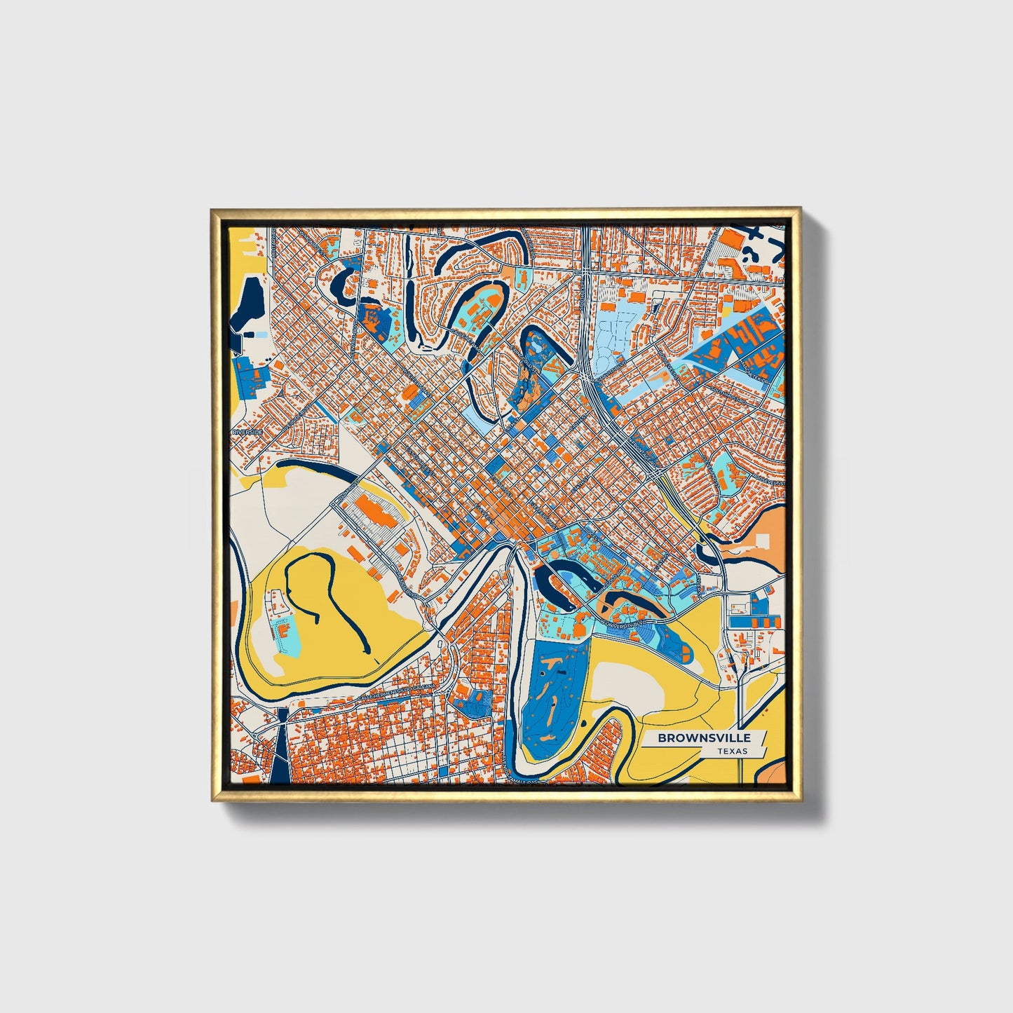 Brownsville Texas Colorful City Map Canvas Print • Gold Framed