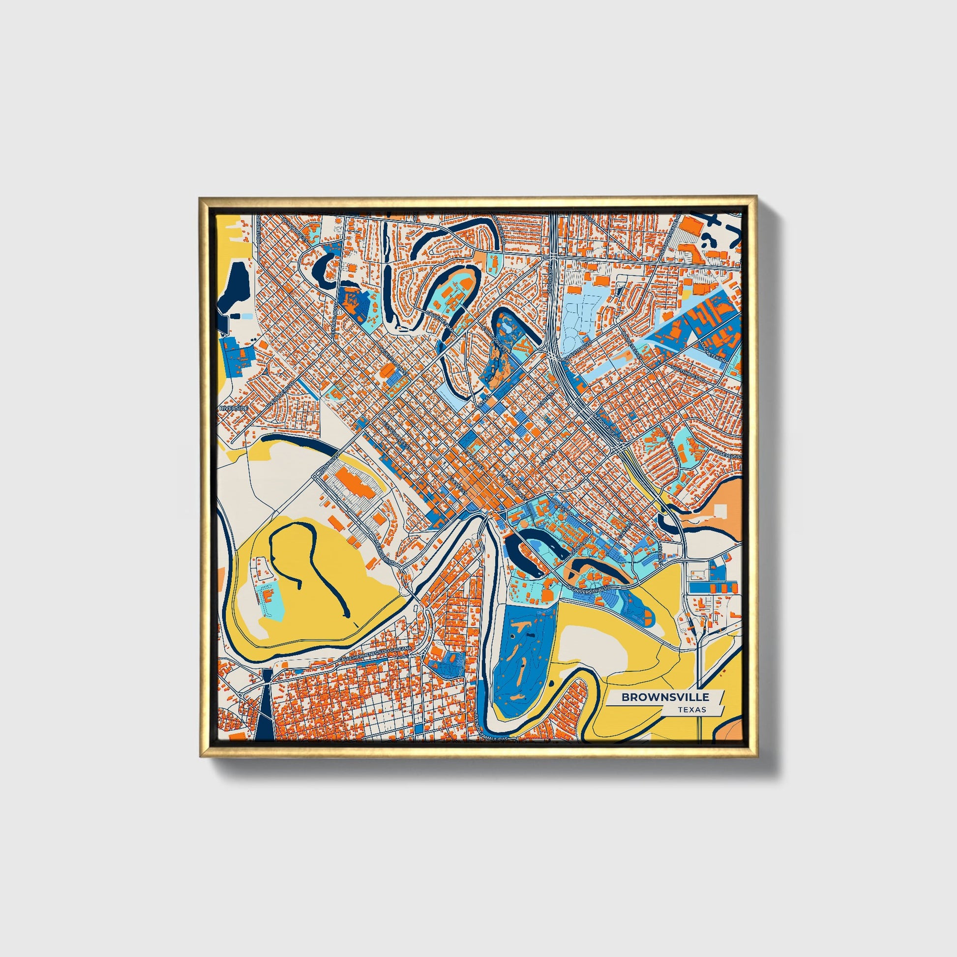 Brownsville Texas Colorful City Map Canvas Print • Gold Framed