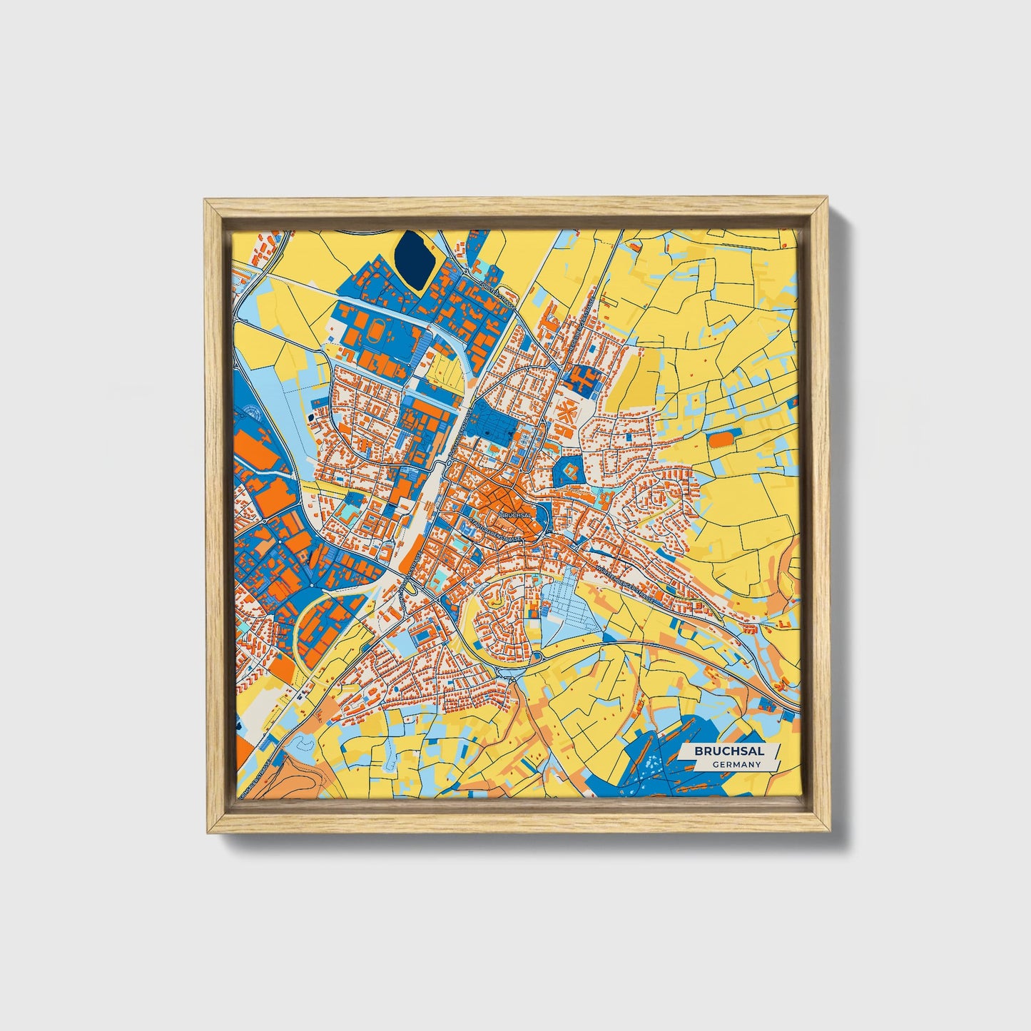 Bruchsal Germany Colorful City Map Canvas Print • Natural Wooden Framed