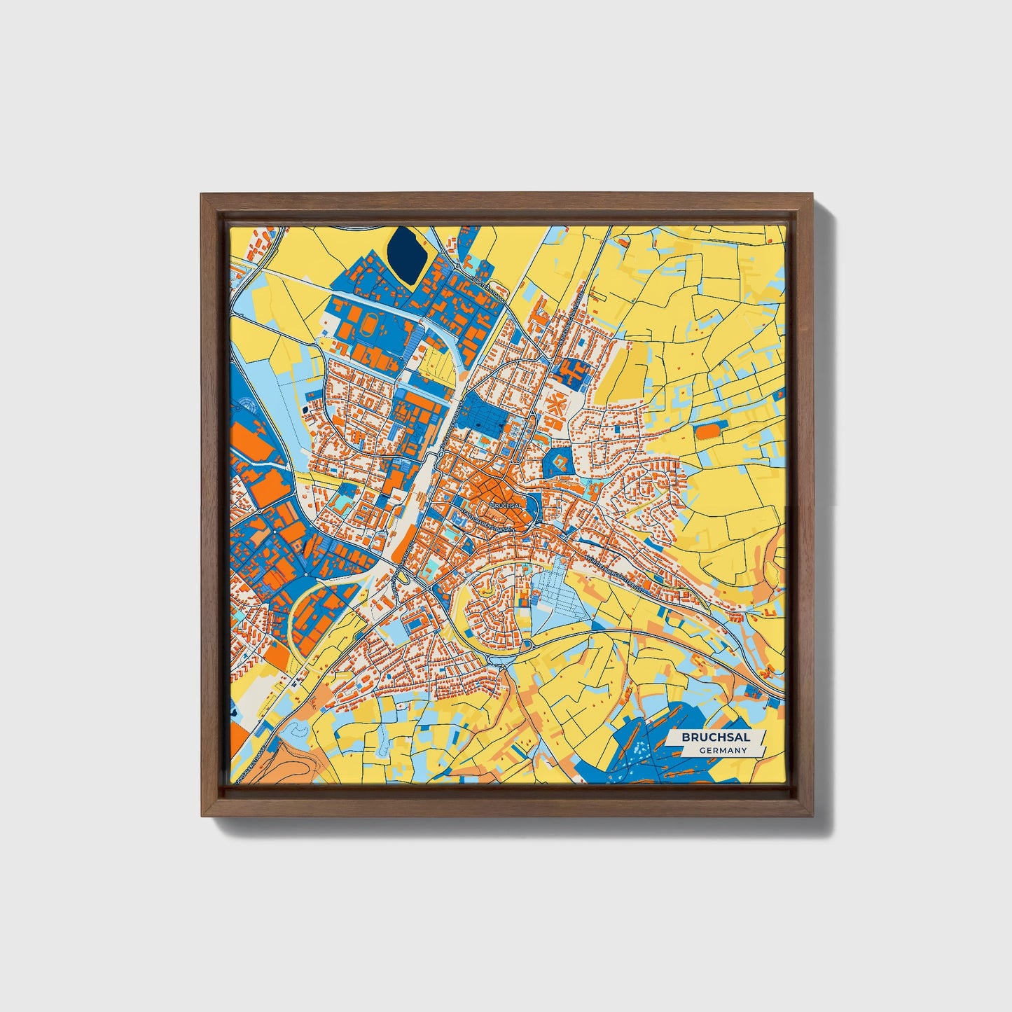 Bruchsal Germany Colorful City Map Canvas Print • Dark Wooden Framed