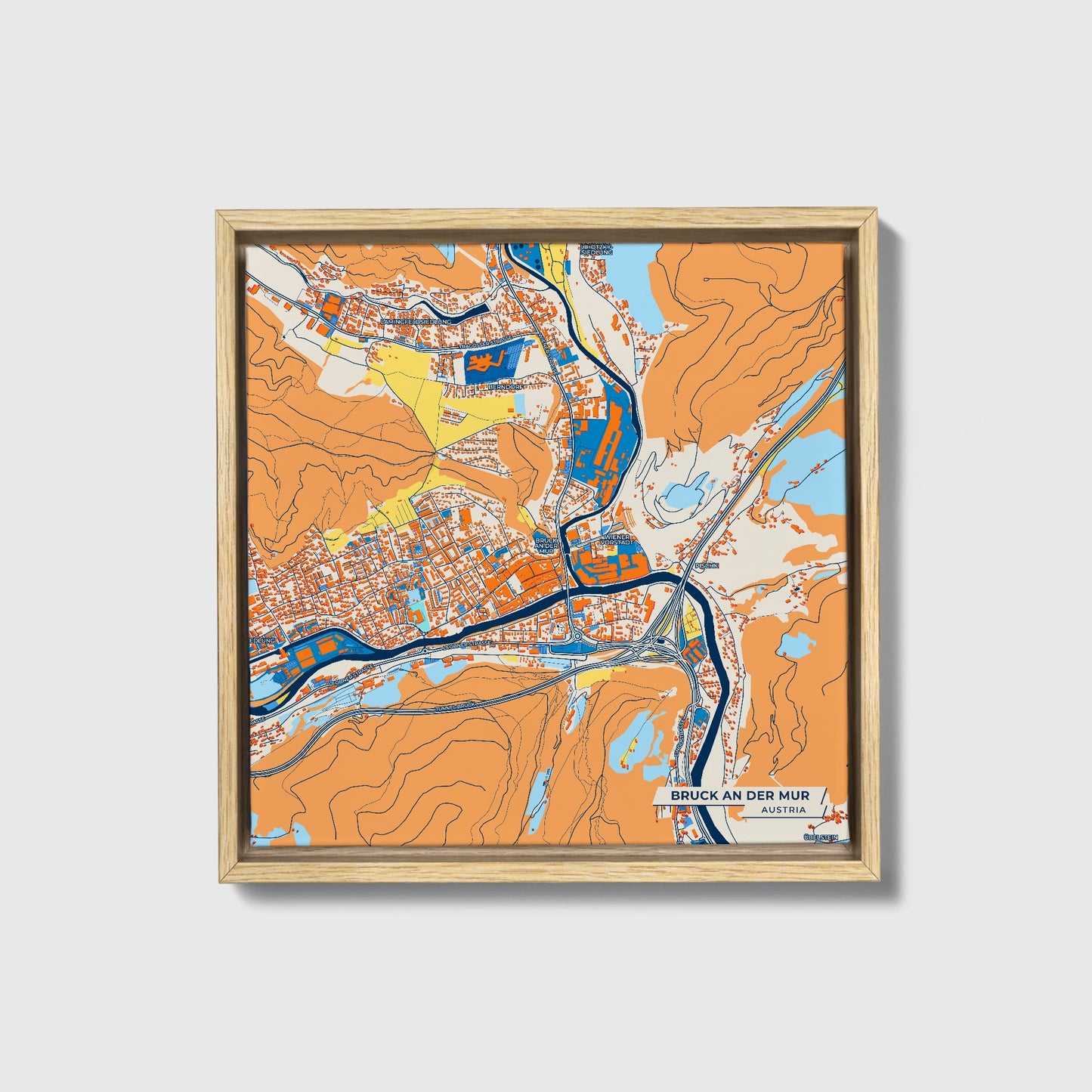 Bruck An Der Mur Austria Colorful City Map Canvas Print • Natural Wooden Framed