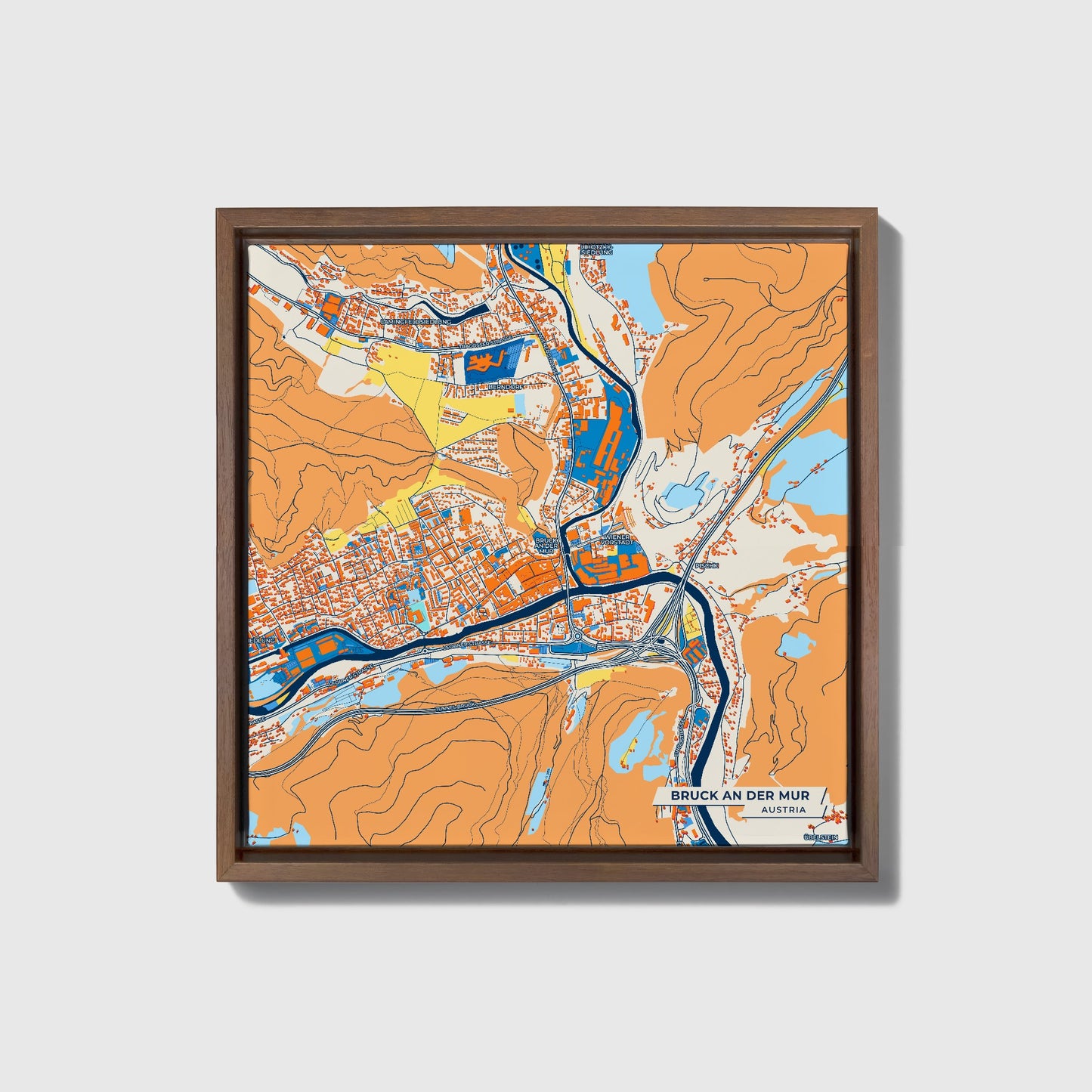 Bruck An Der Mur Austria Colorful City Map Canvas Print • Dark Wooden Framed