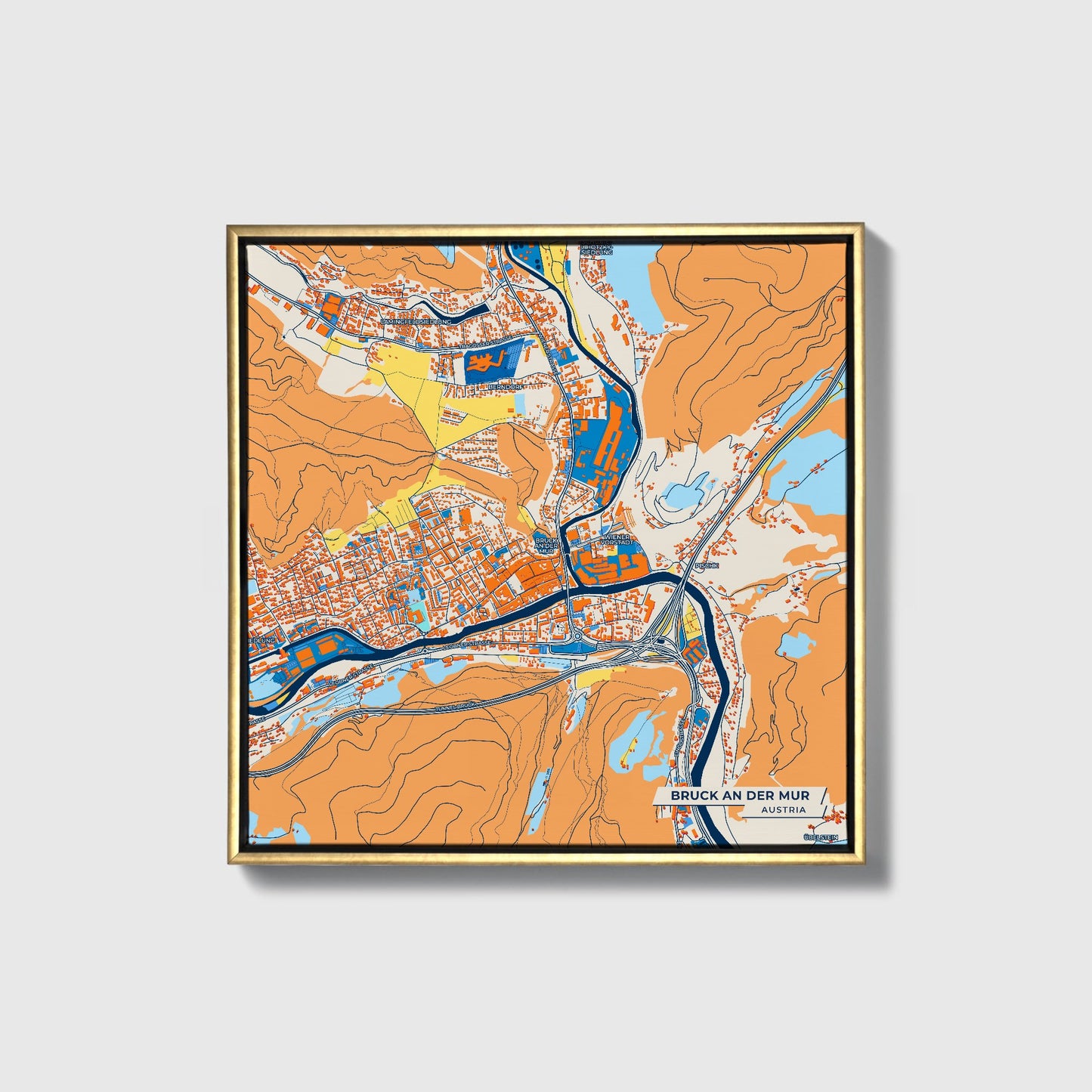 Bruck An Der Mur Austria Colorful City Map Canvas Print • Gold Framed