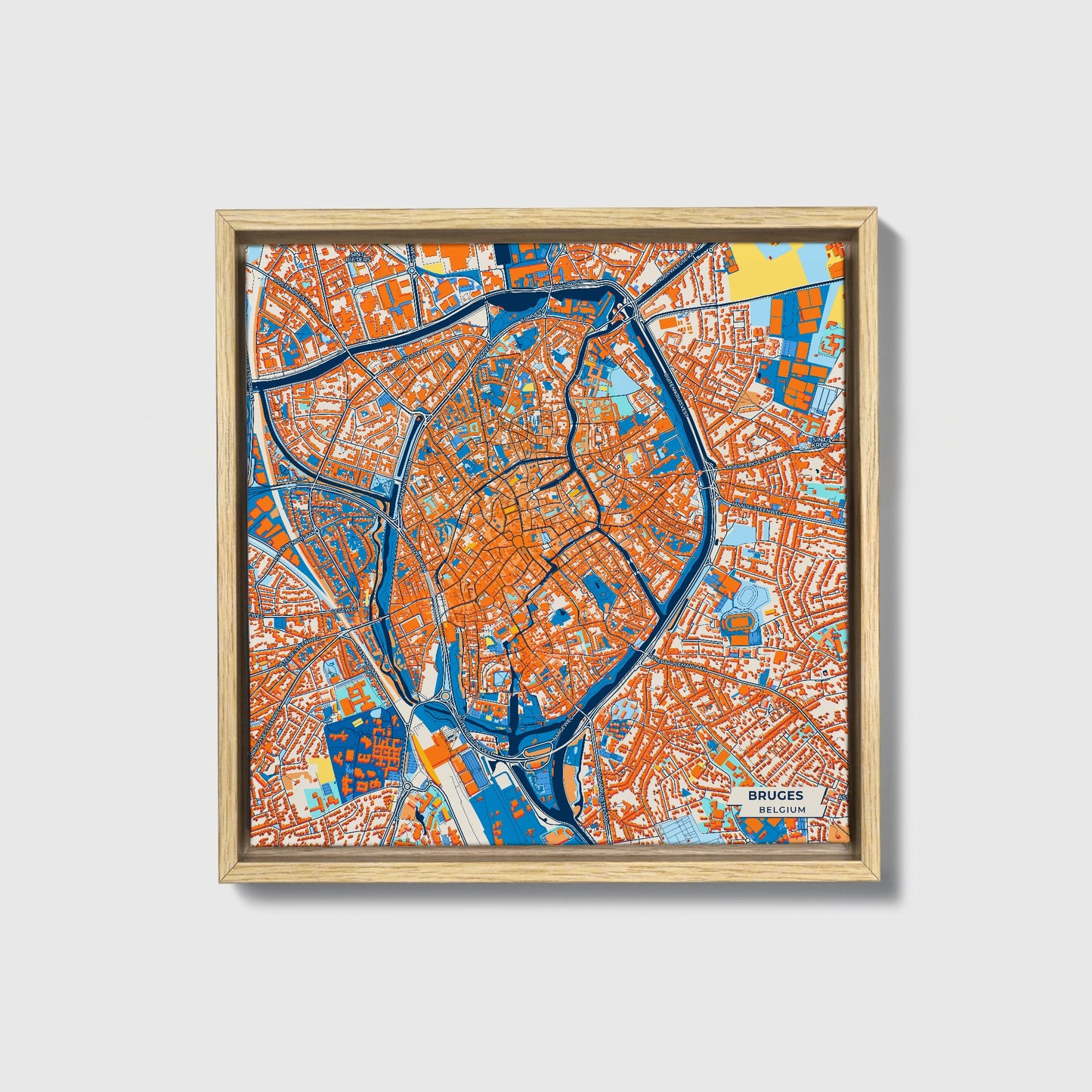 Bruges  Belgium Colorful City Map Canvas Print • Natural Wooden Framed