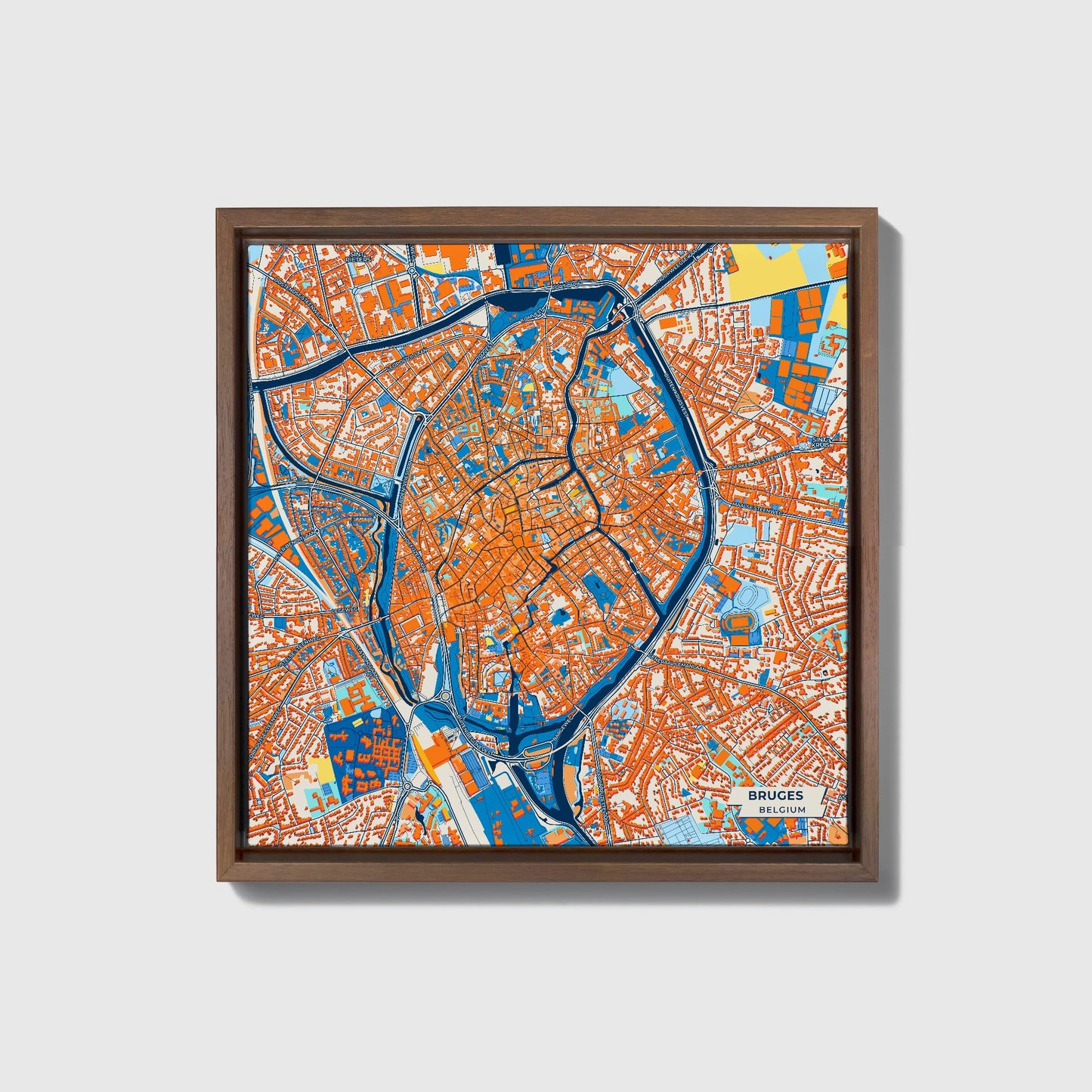 Bruges  Belgium Colorful City Map Canvas Print • Dark Wooden Framed
