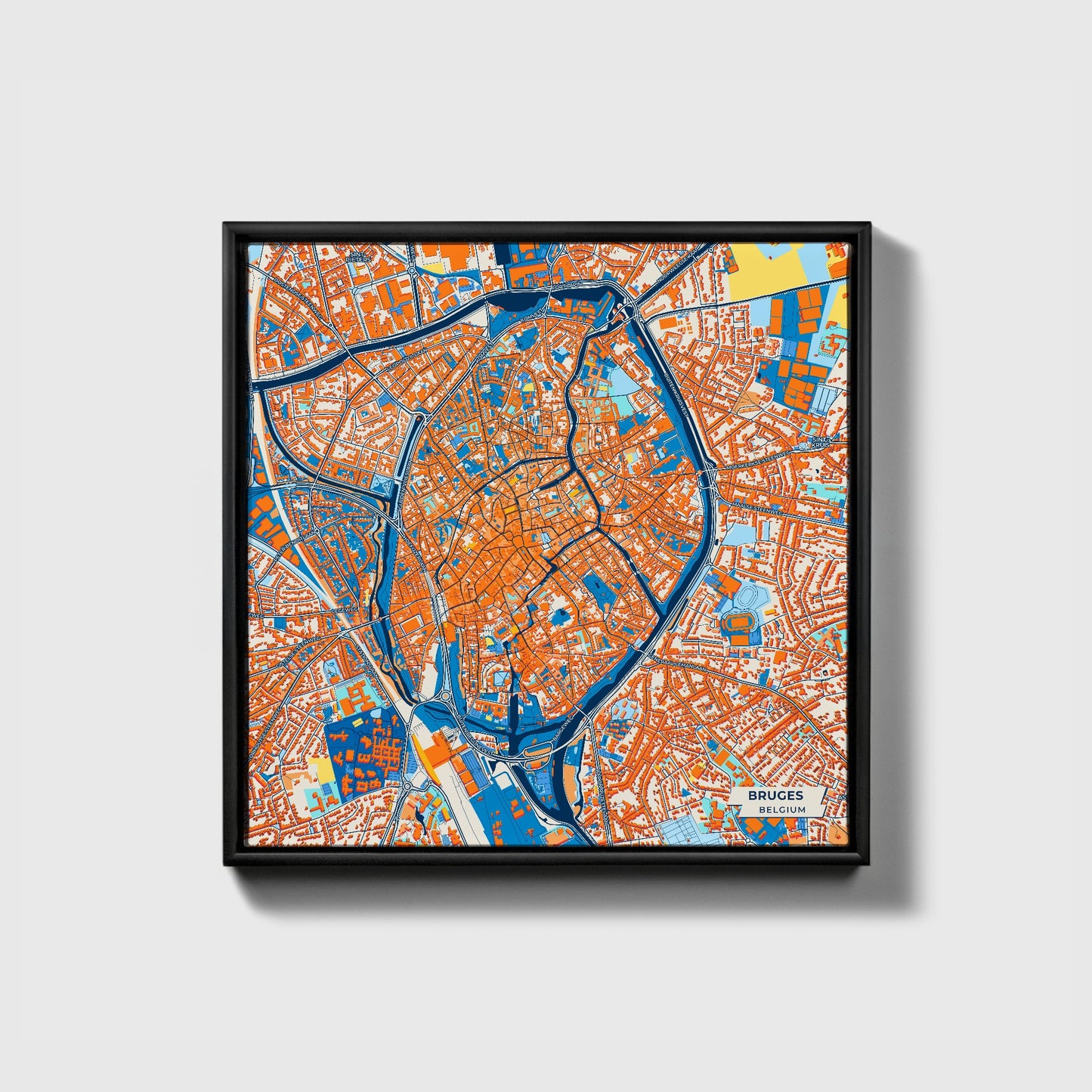 Bruges  Belgium Colorful City Map Canvas Print • Black Framed