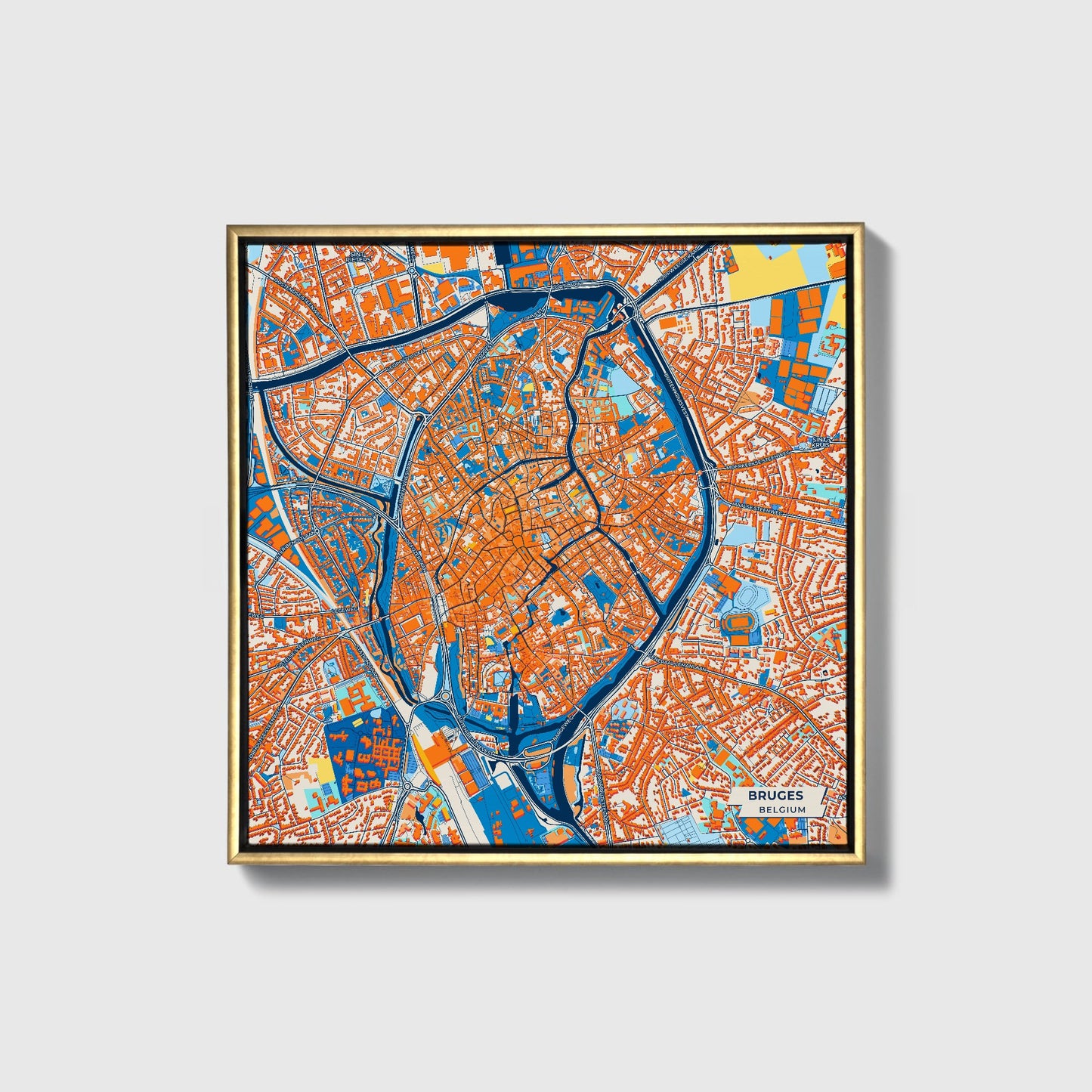 Bruges  Belgium Colorful City Map Canvas Print • Gold Framed
