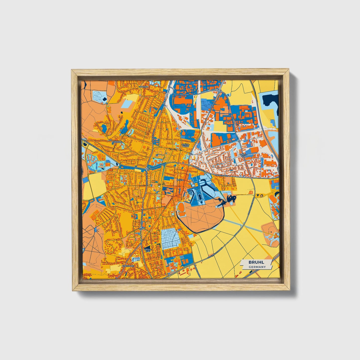 Brühl Germany Colorful City Map Canvas Print • Natural Wooden Framed