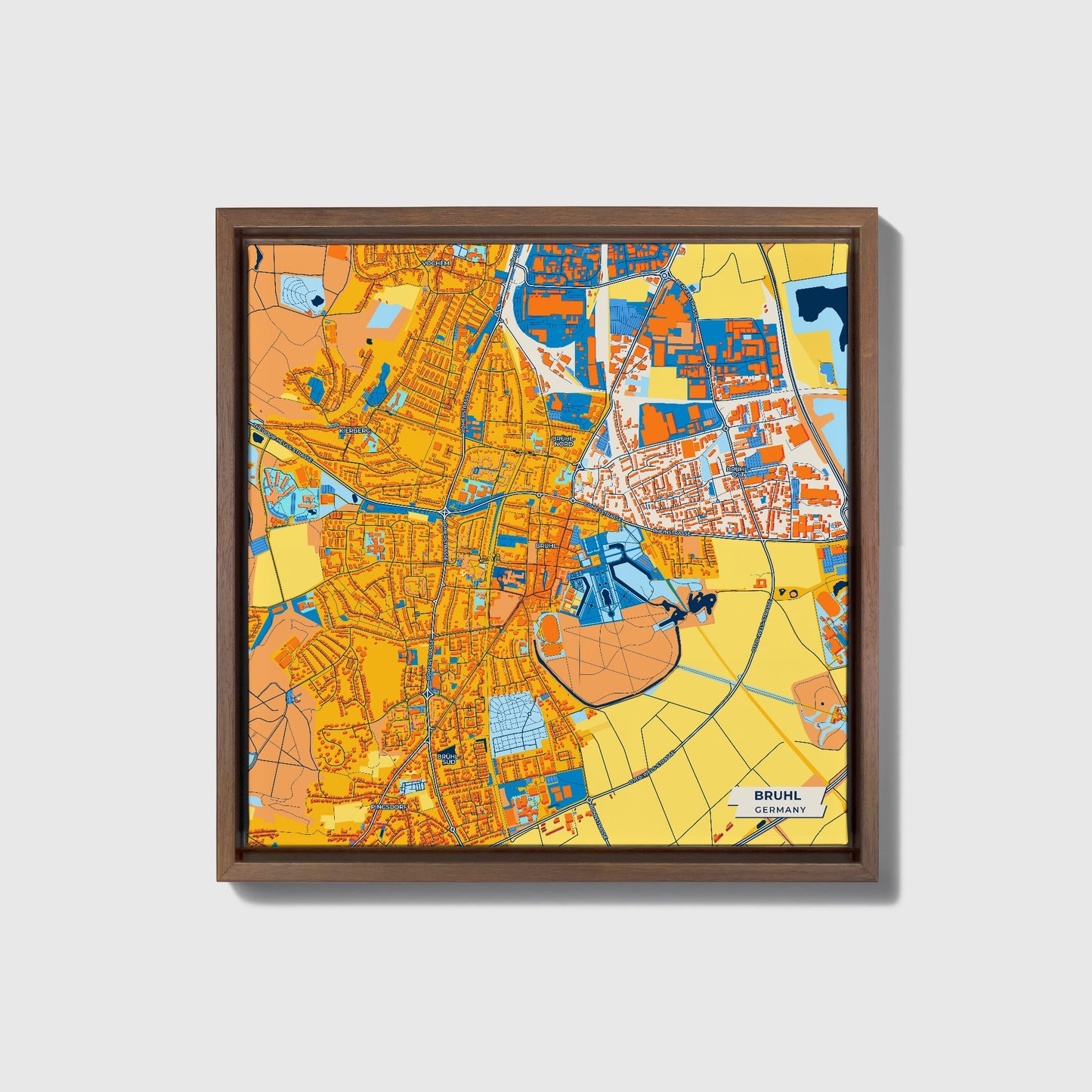 Brühl Germany Colorful City Map Canvas Print • Dark Wooden Framed